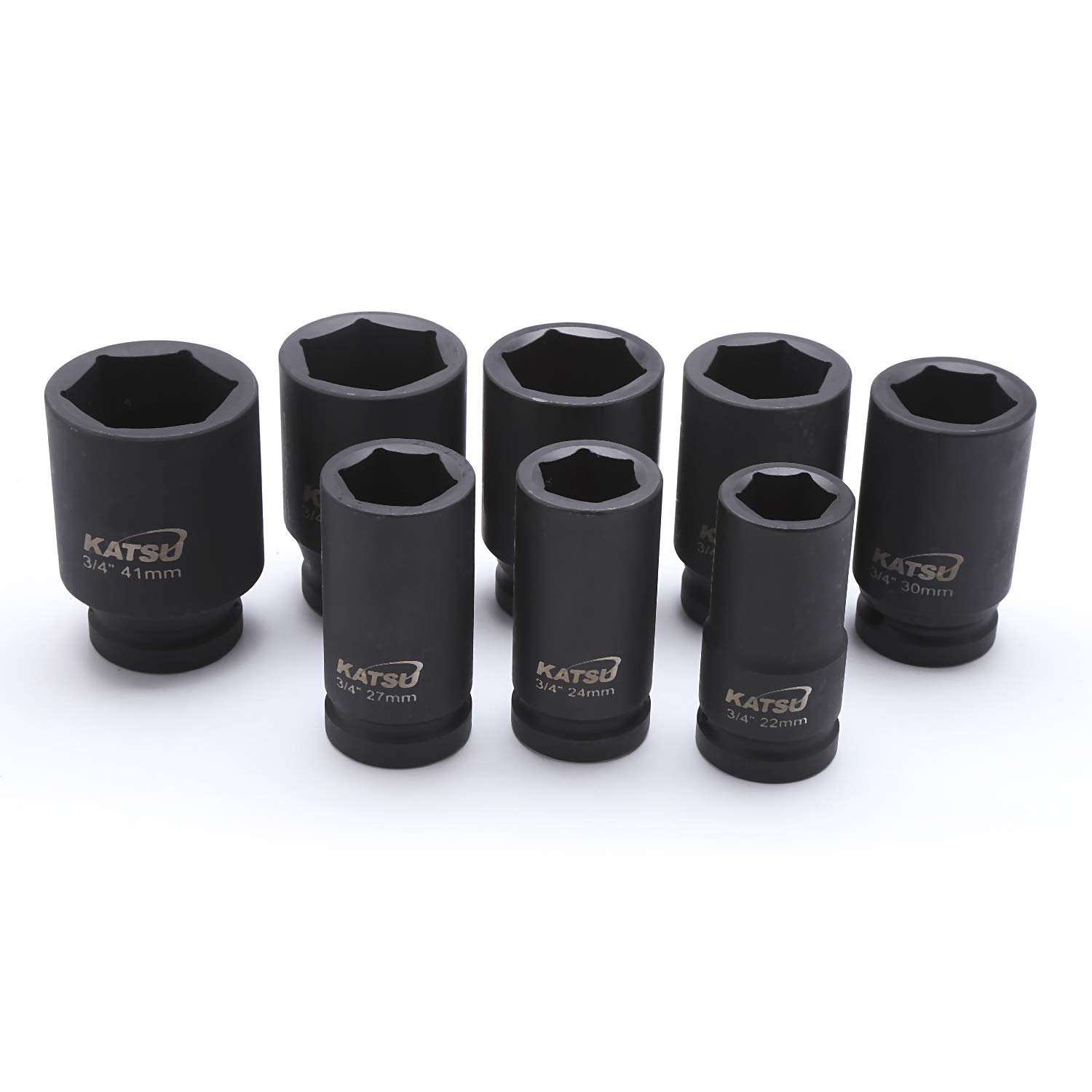 KATSU llaves de vaso impacto de 3/4" 8 Piezas, Juego de llaves de Vaso de Impacto Profundo, llave Métrica Resistente de 22mm a 41mm, Herramienta de Reparación de Motores de Camiones Tractores 420460