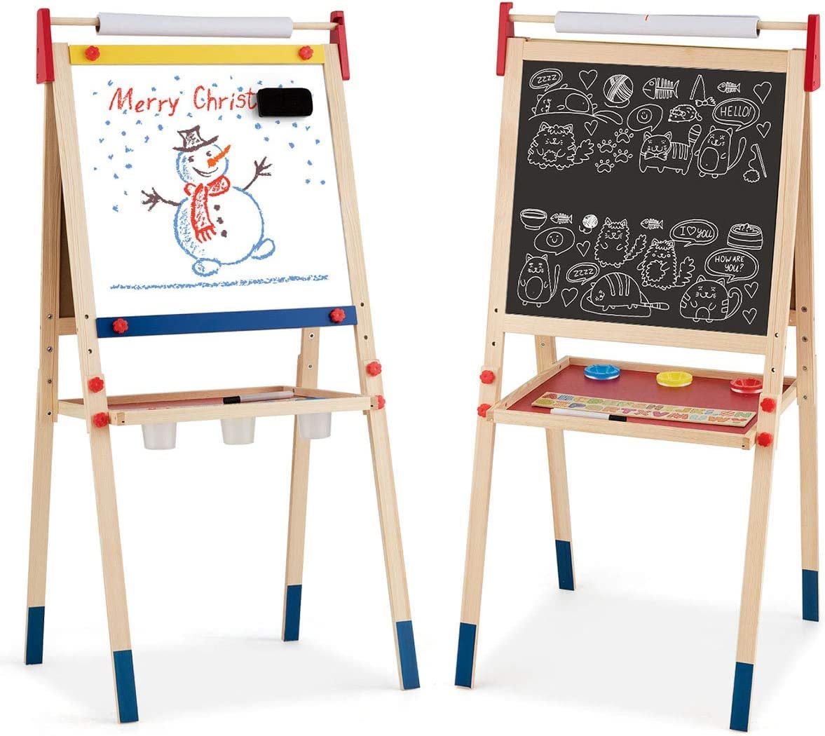 LIFEZEAL Caballete infantil 2 en 1, Pizarra Infantil caballete para niños, Caballete de pie con doble cara con rollo de papel, caballete de madera de altura ajustable con bandeje de almacenamiento