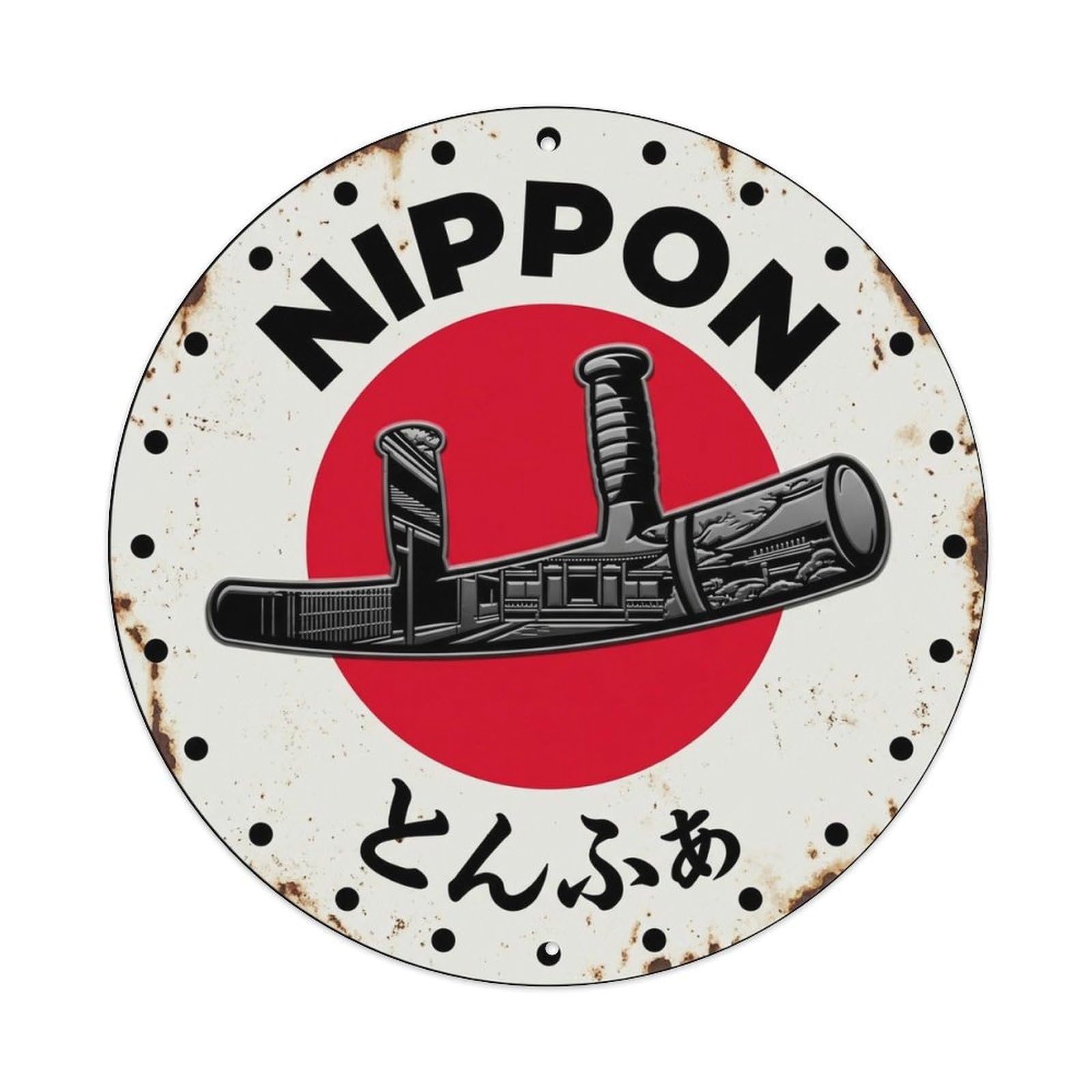 Tonfa Baton Nippon Side Handle Aged Heritage Token Metal Tin Sign Plaque Wall Decor for Cafe, Man Cave, Club Bar, Office, Home Garden Round Metal Poster 8x8Inch