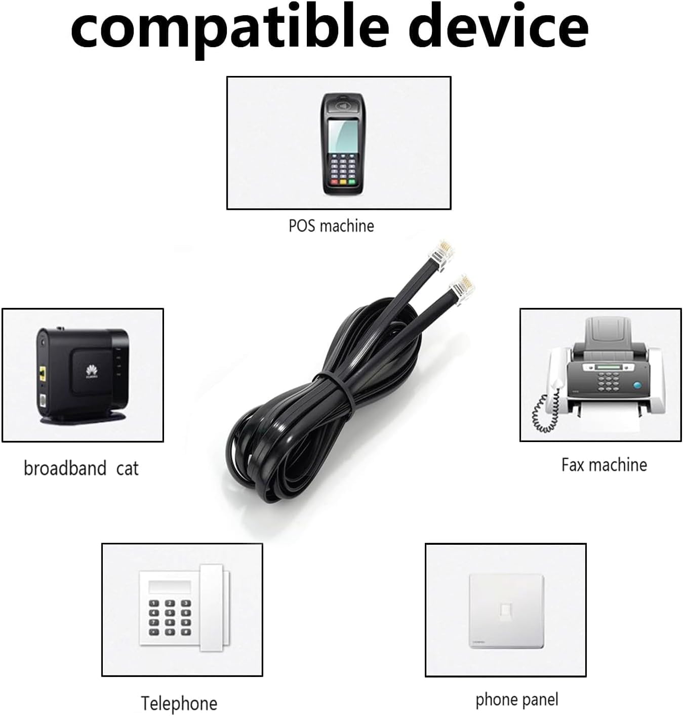 Cable de extensión de teléfono largo de 33 pies (10 m), negro, cable de línea de cable de teléfono con enchufe RJ11 estándar, 1 divisor de línea telefónica, acoplador de 1 en línea y 25 clips de cable