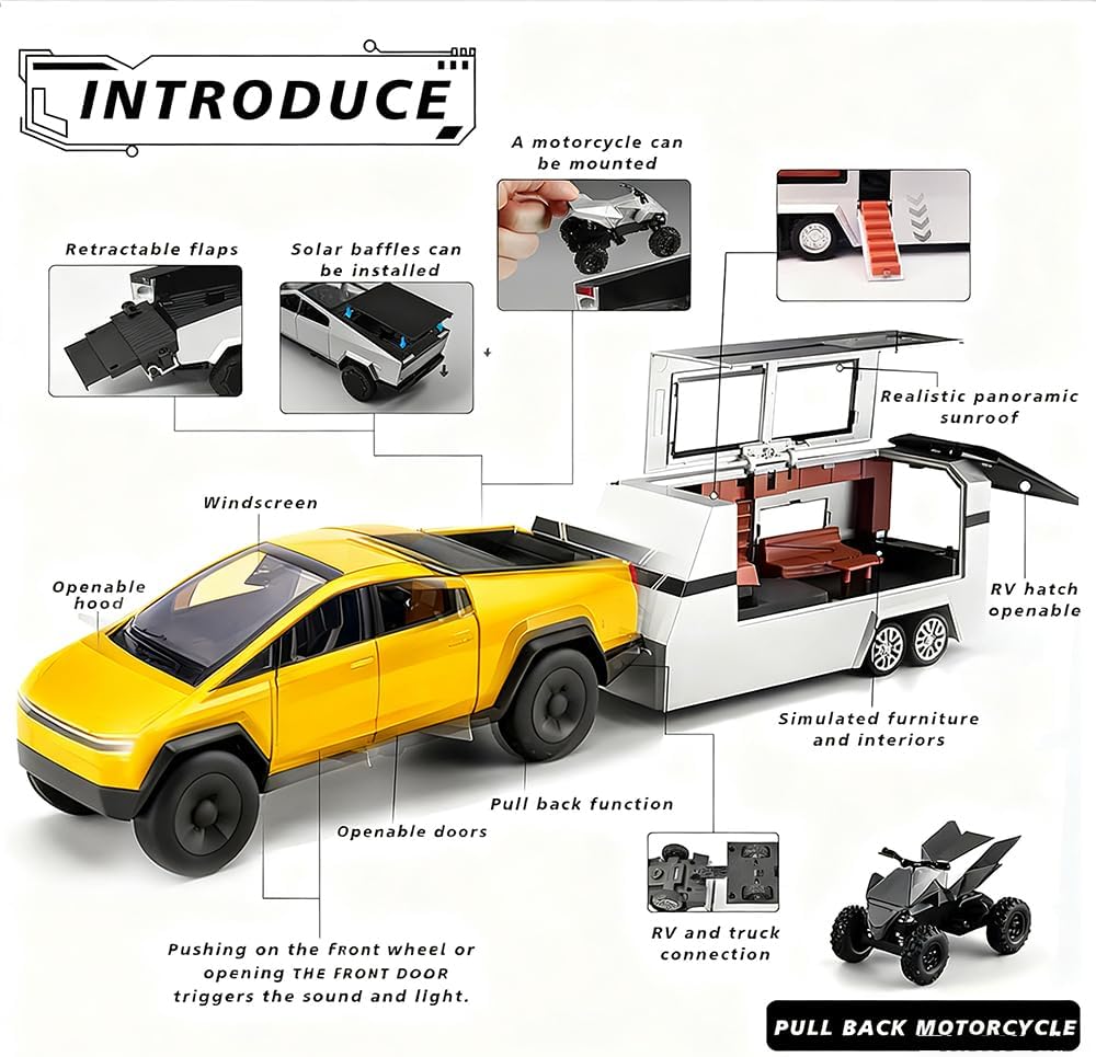 1/32 Toy Truck with RV and ATV Motorcycle Alloy Truck Model Camper Van Set with Sound and Light Effect Ideal Gift Age for 3+ Pull Back Cyber Toy Car Display Model