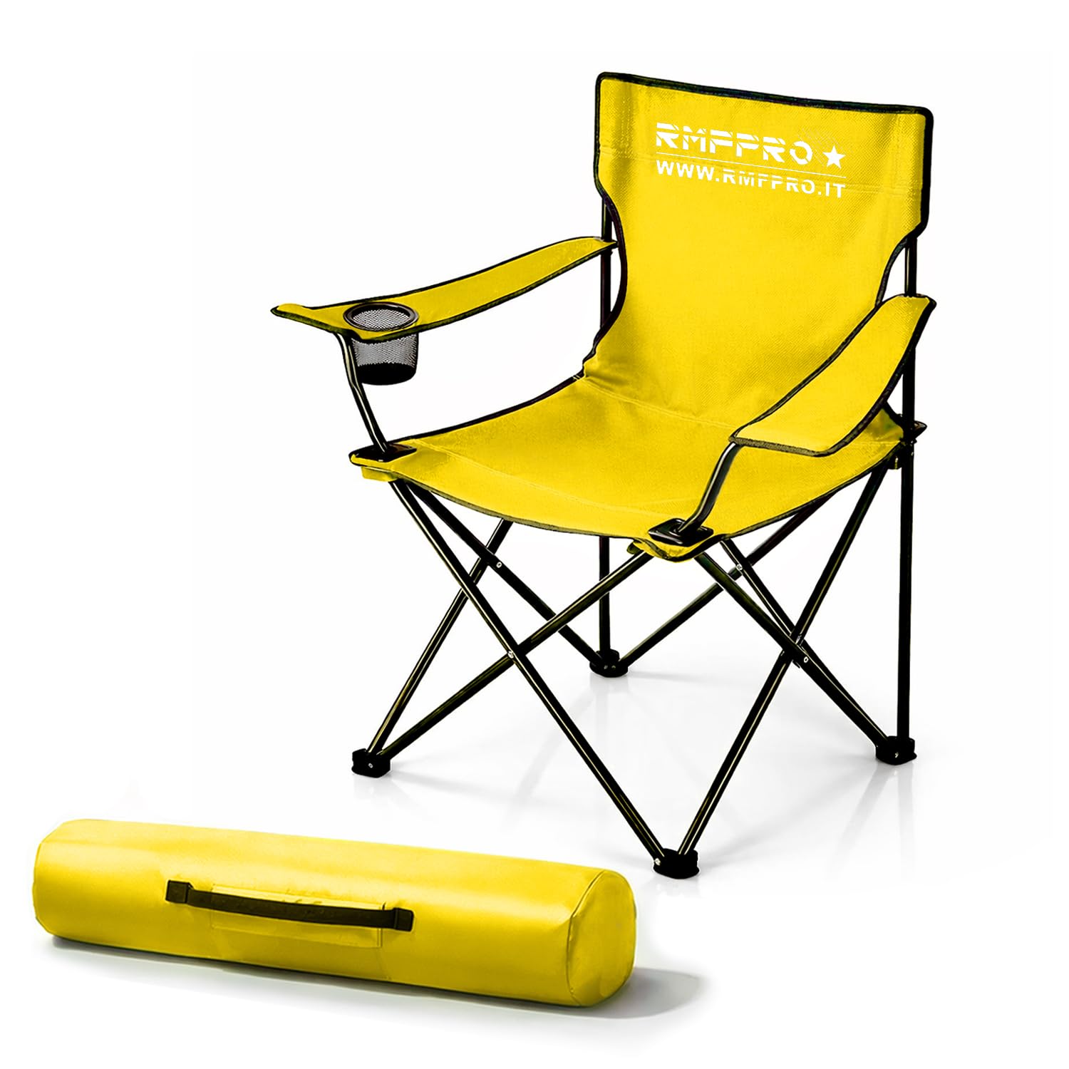 RMF PRO Folding Camping Chair with Comfortable and Relaxing Seat, Portable Beach Chair with Cup Holder - Sea and Garden Chair, Lightweight Transportable Outdoor Chair 120 Kg Yellow