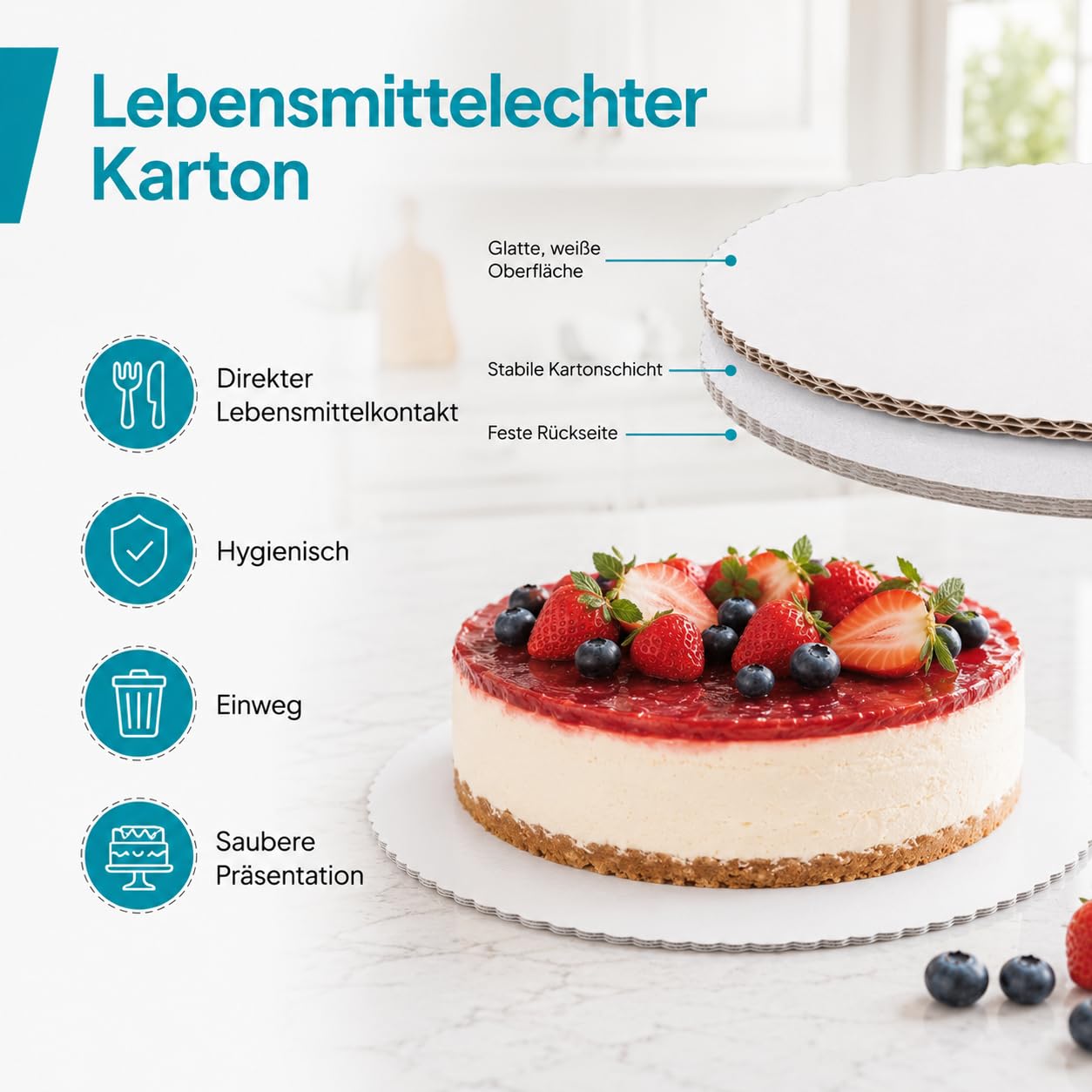 Commerline 100 Stück Tortenunterlagen | Ø 30 cm Runde, Weiß | Gezackter Rand | Pappe | Lebensmittelecht | Einweg Kuchenunterlagen für Torten, Gebäck & Desserts | Bäckerei & Konditorei