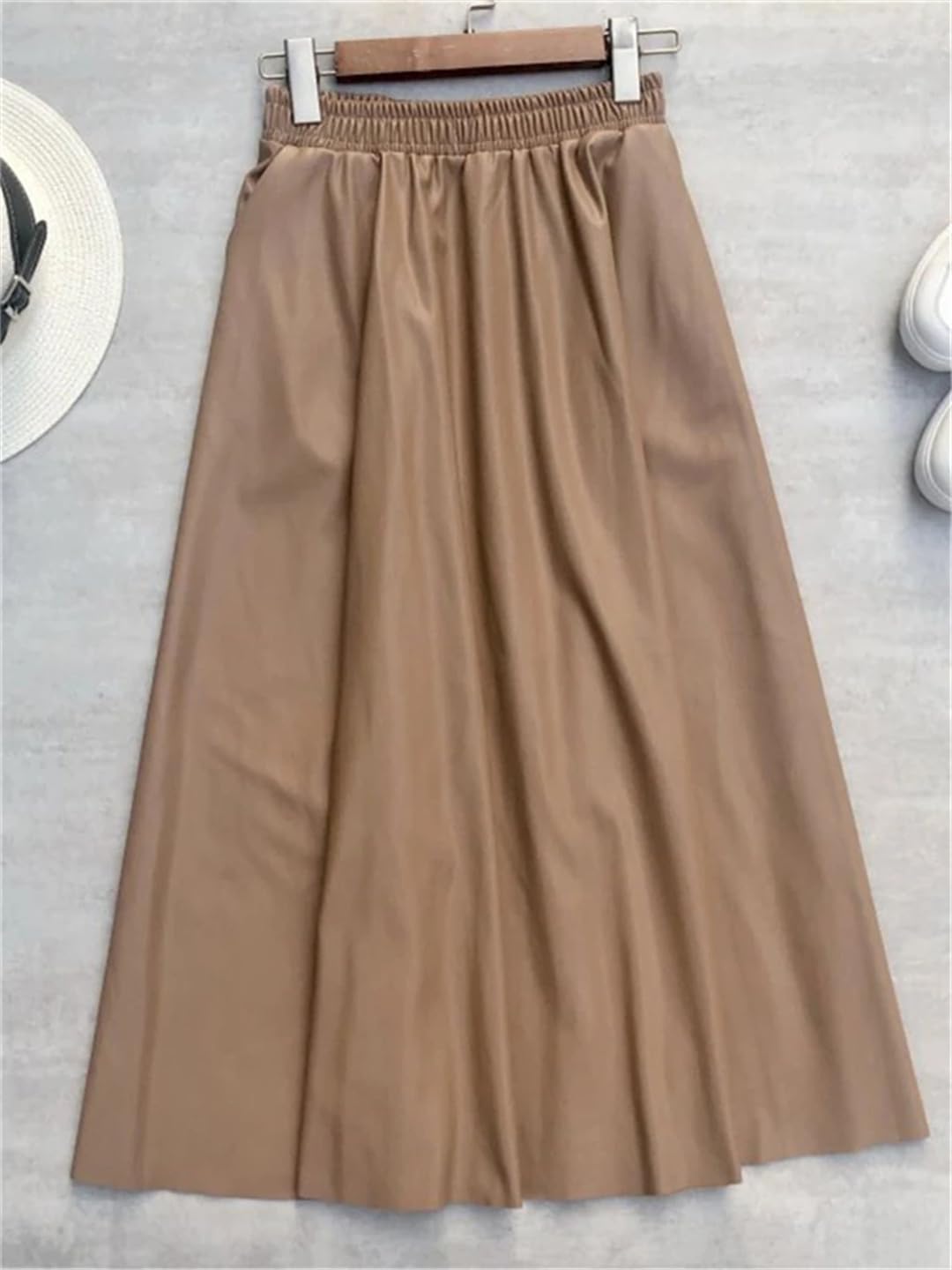 Wjnvfioo Faldas largas de cuero de la PU de las mujeres otoño invierno elástico cintura alta vintage A-Line Faldas