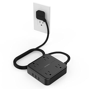 Flat Plug Power Strip with 3 USB Ports, TESSAN 4 Outlet Extension Cord Wall Mount Charging Station 5 ft Cord, Small Size for Desktop, College Dorm Room Essentials, Office, Black