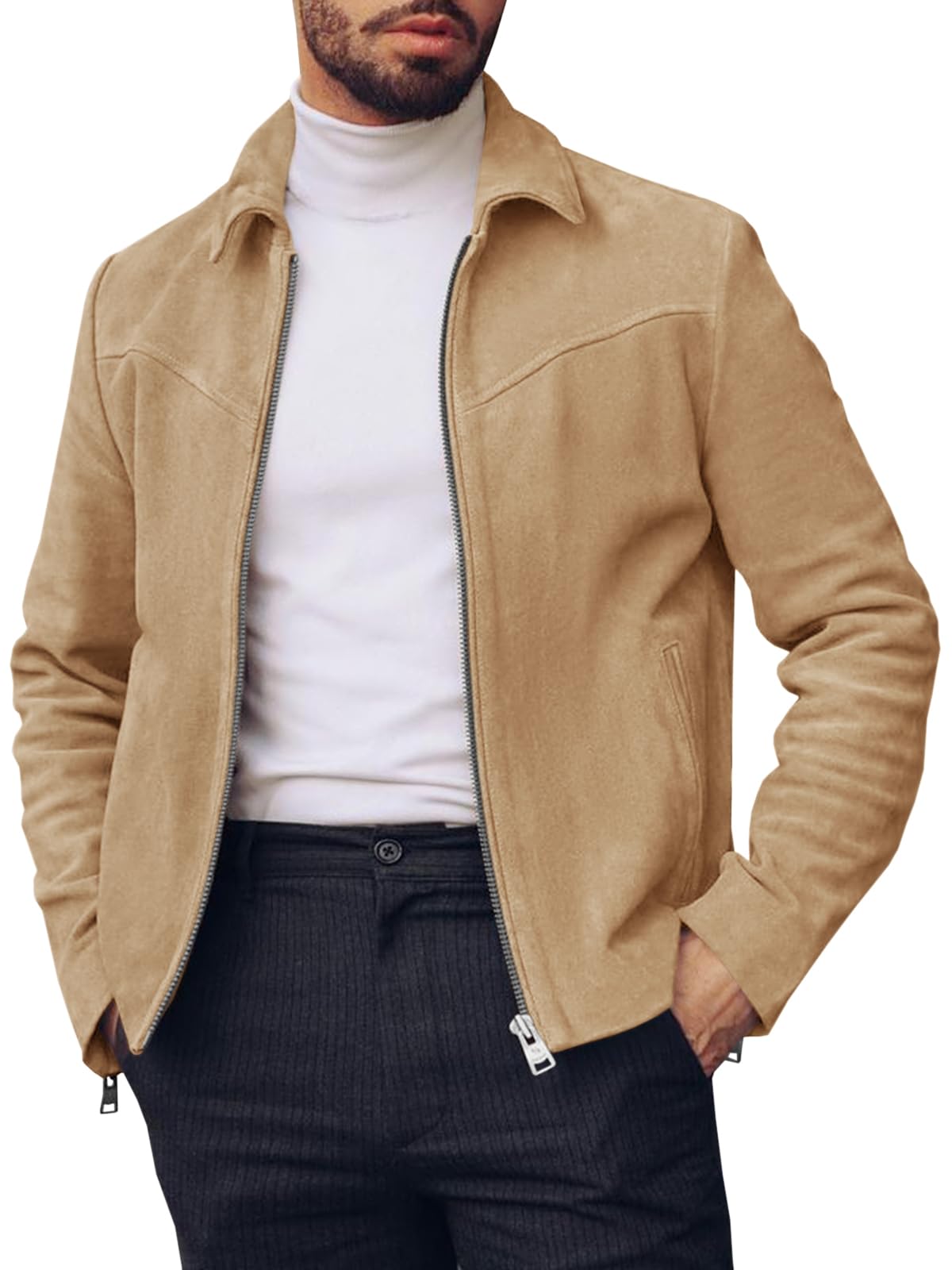 RuncatiMen's Suede Jacket Full Zip Casual Vintage Jackets Lightweight Classic Trucker Coat