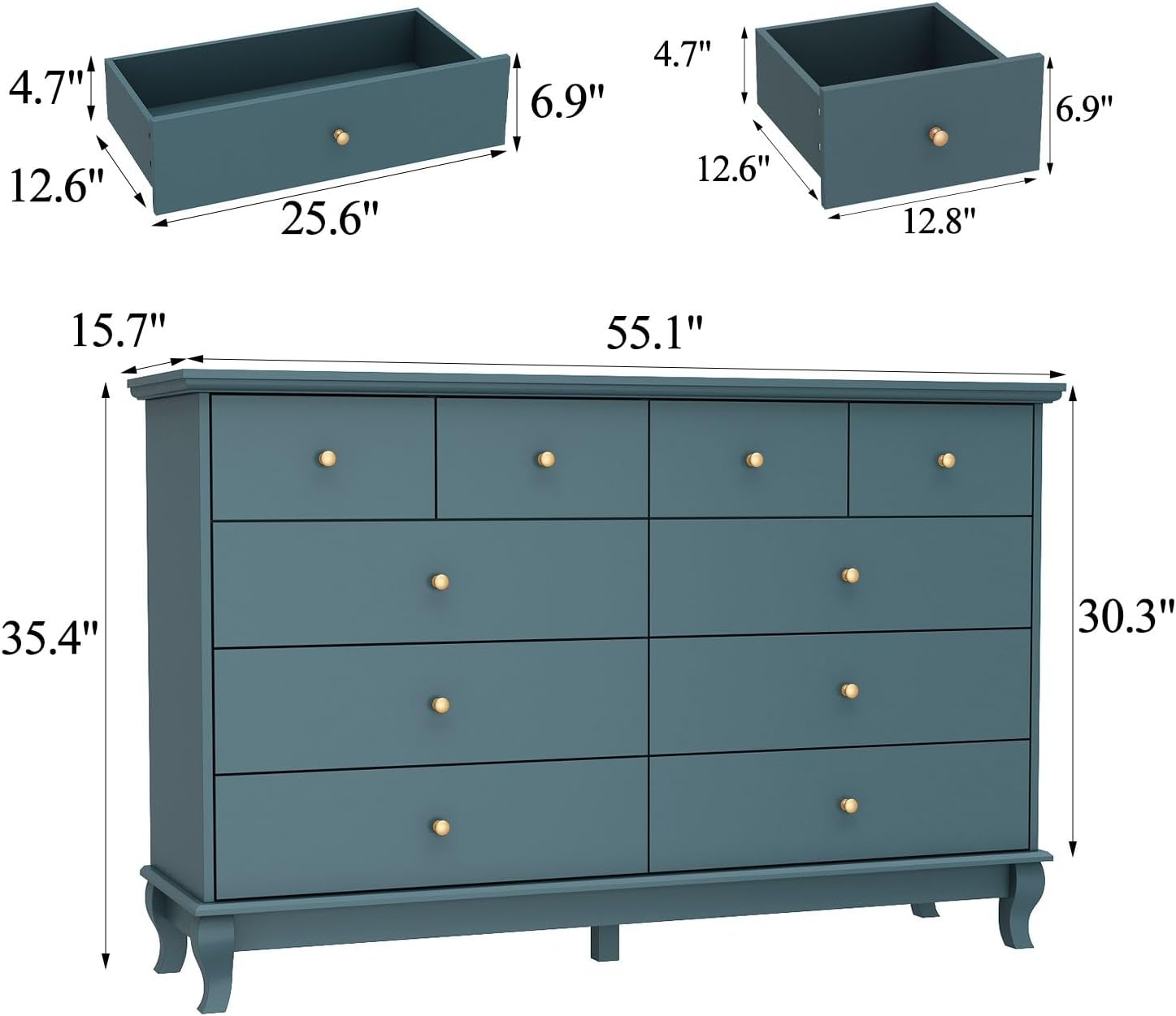 FAMAPY Chest of Drawers 10 Drawer Dresser, Modern Dresser with Wooden Legs, Gold Handles, for Bedroom Navy (55.1”W x 15.7”D x 35.4”H)