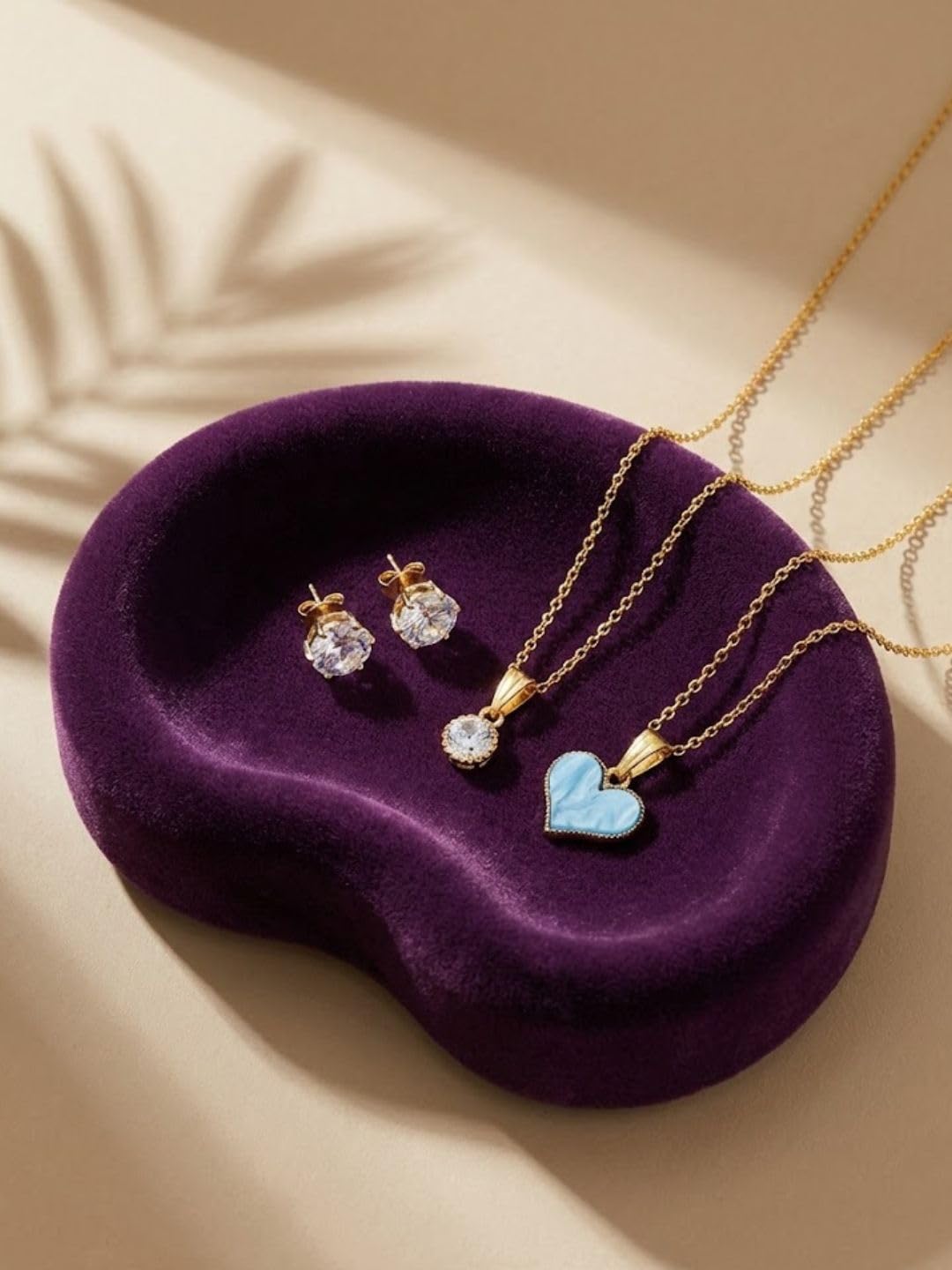 Gold Jewelry Set with Crystal Studs and Heart Pendant Necklaces, (2 NECKLACE CHAIN AND 1 PAIR EARRINGS)-image-0