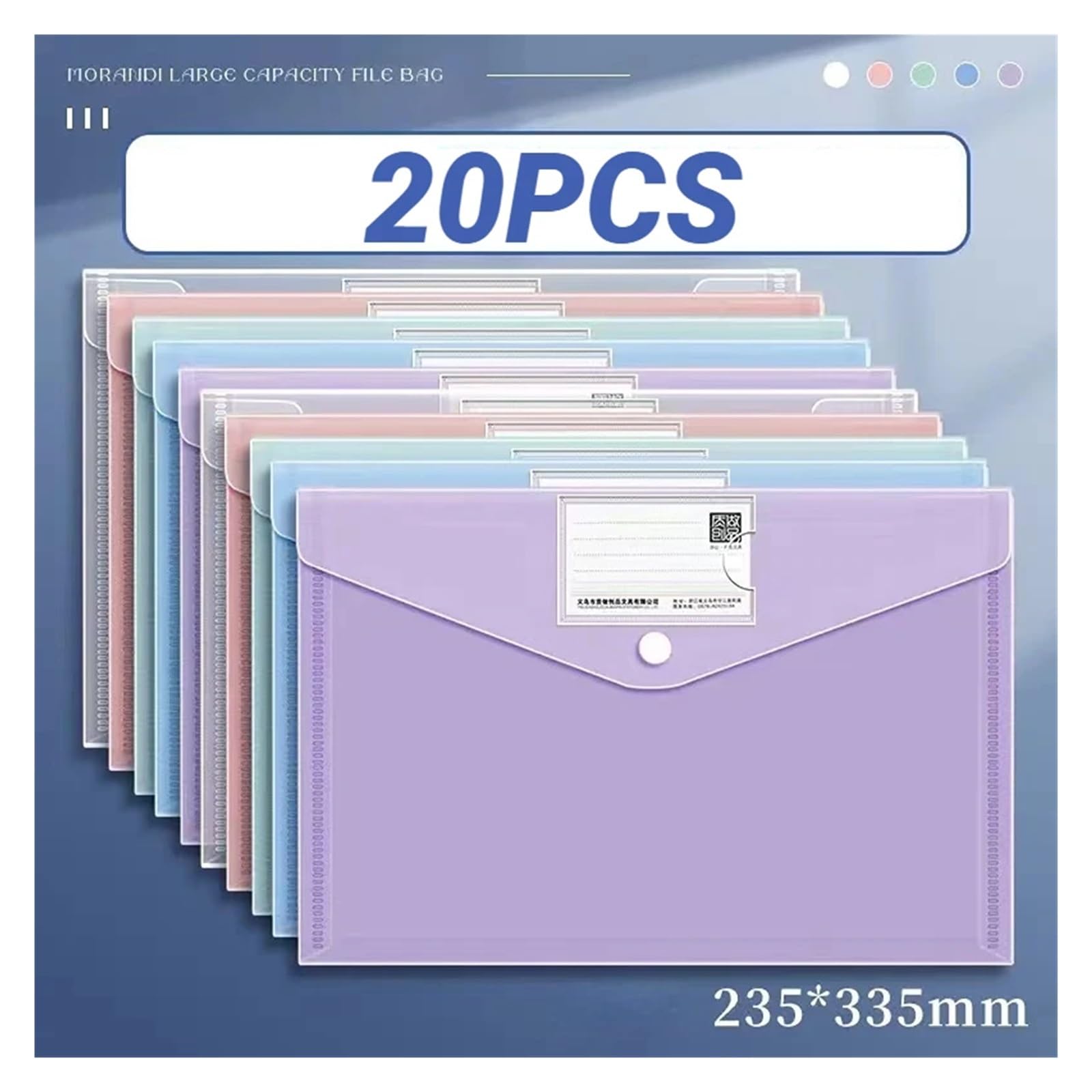 Raccoglitore Documenti Confezione da 5-20 buste for cartelle di documenti trasparenti con tasca for etichette e bottone a pressione for ufficio, lavoro a casa(20PCS)