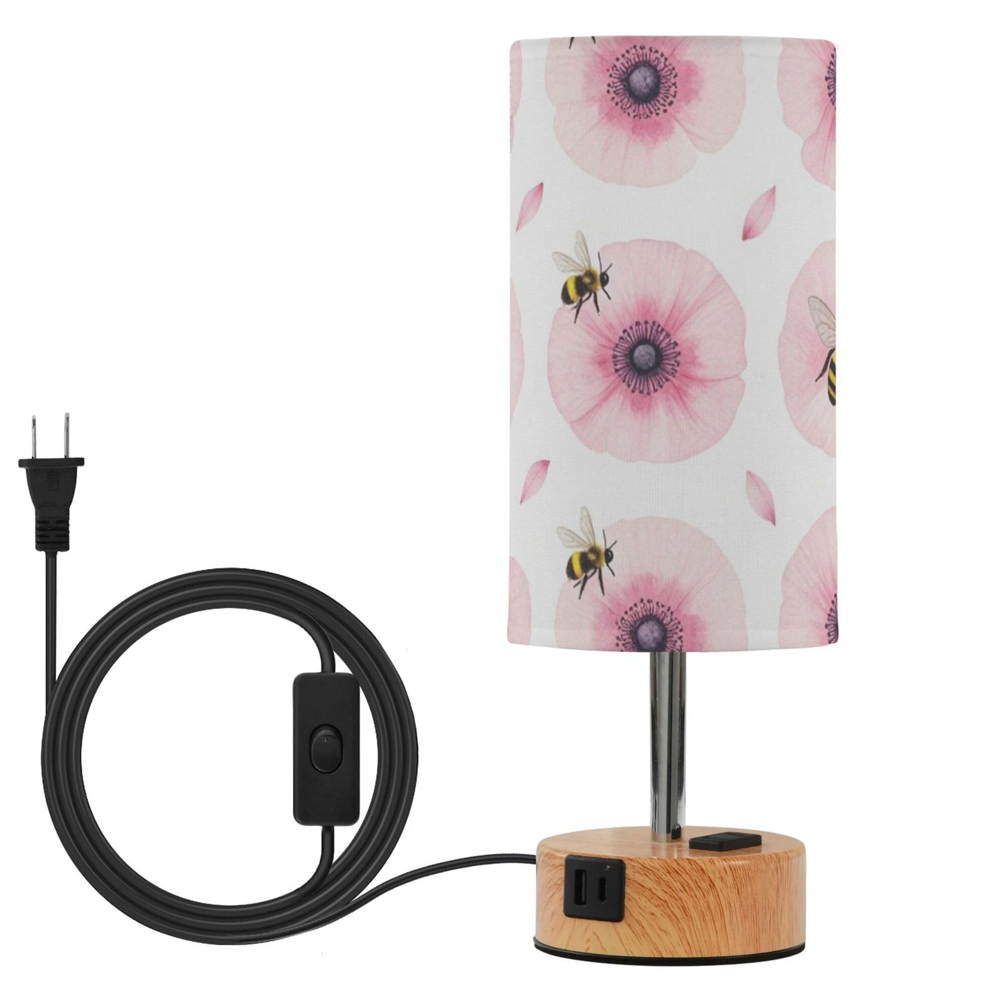 Yuiboo Blush Anemone Bee Print Lampy stołowe z portami USB C+A 3 temperatury barwowe do stojaków nocnych