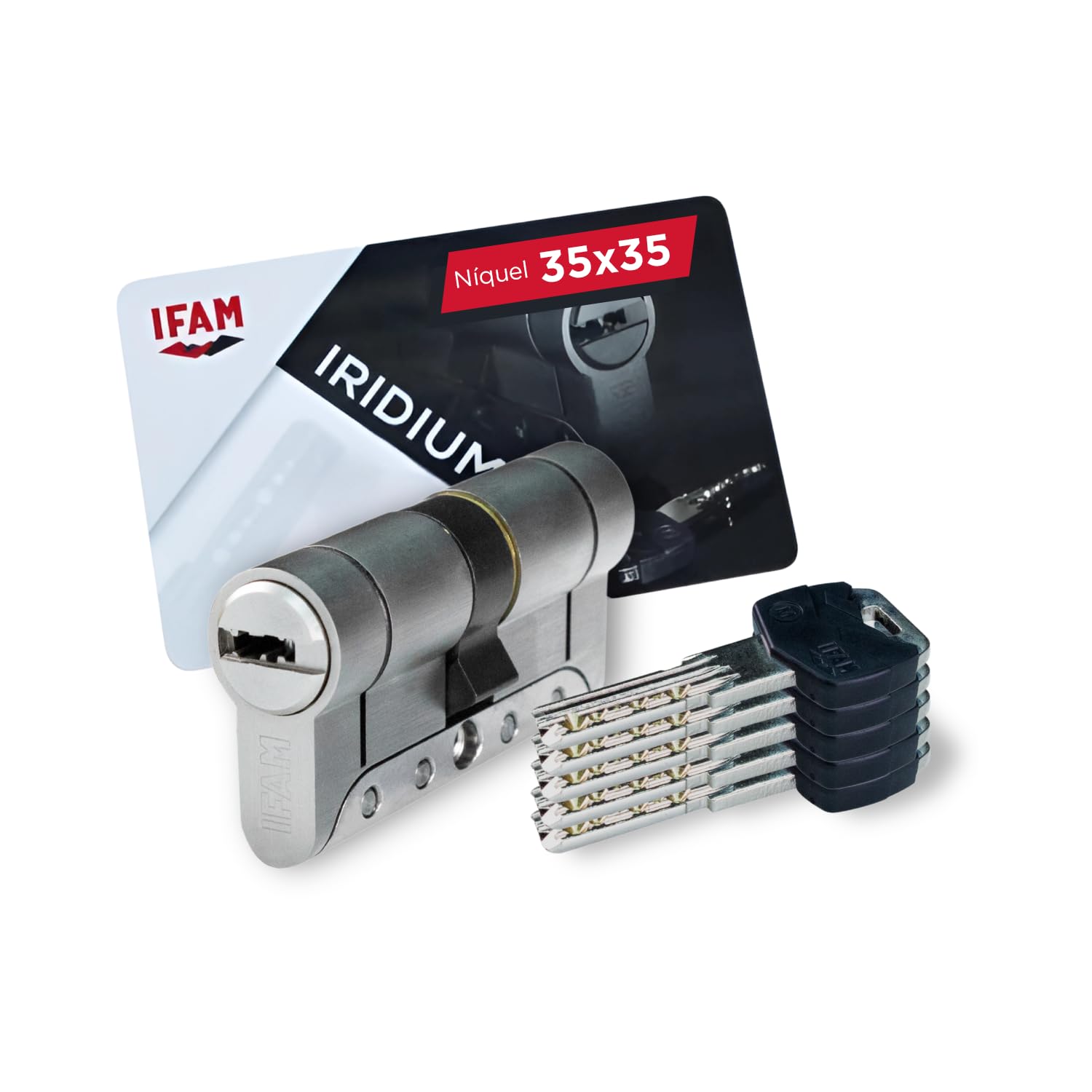 IFAM Cilindro Puertas Iridium, 35x35mm, Leva 15mm, Bombin Cerradura Seguridad, 5 Llaves, Doble Protección Antirotura, Antitaladro y Antiganzúa, Doble Sistema Antibumping, Perfil Europeo, Color Níquel
