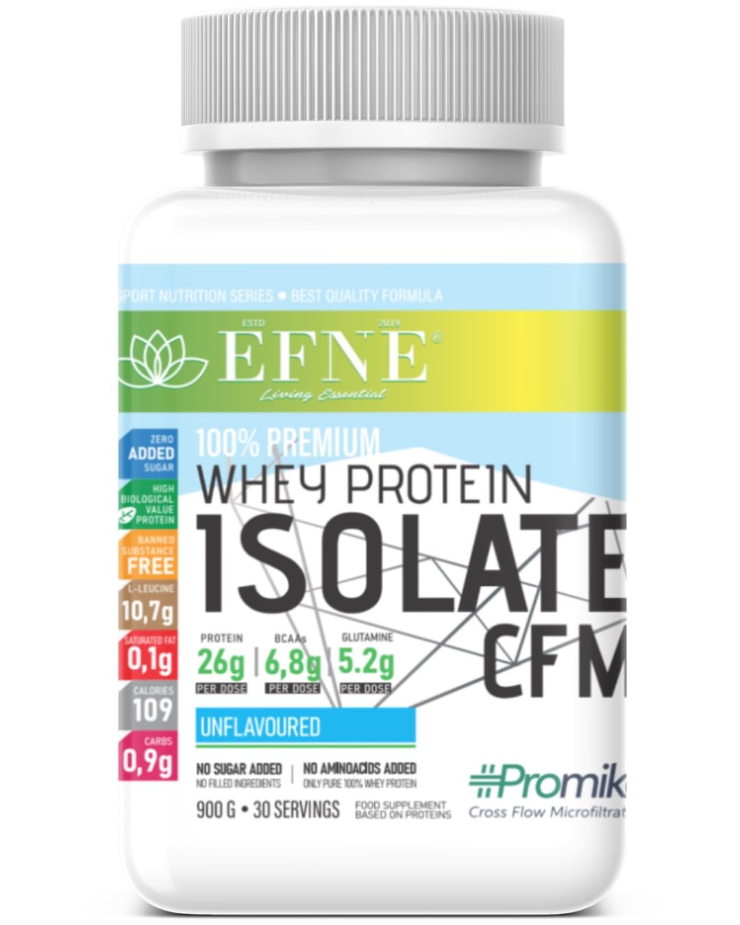 EFNE Isolate CFM Whey Proteína Neutra 900 g | Proteína Aislada de Suero de Leche CFM con DigeZyme® | 89% Proteína | Sin Azúcar Añadido | Glanbia Promiko® | Preparado Alimenticio