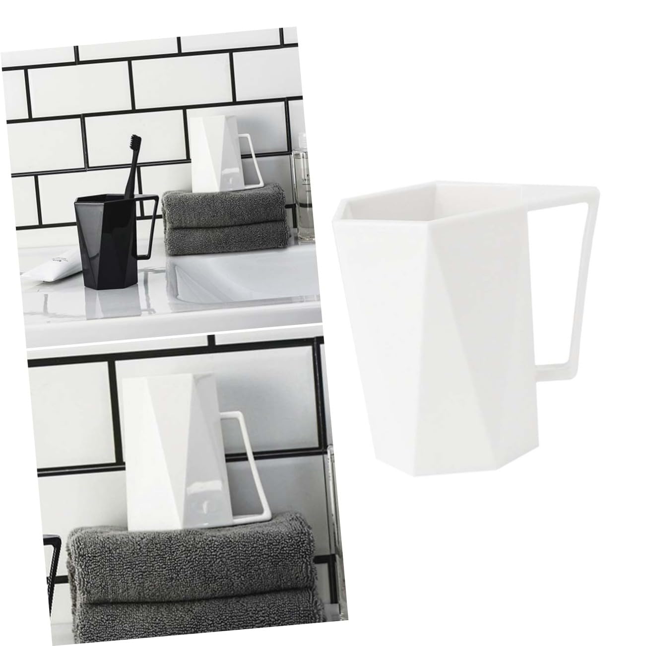 Unomor Plastic Toothbrush Tumbler Cups Creative Simple Geometric Mouthwash Cup with Handle for Bathroom Use Material for Water and Juice Elegant Design White