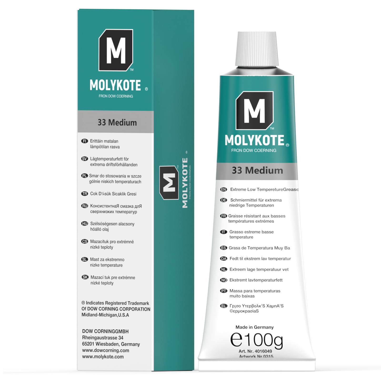 Molykote 33 Light Grease Lubricant 5.3oz 150g Tube Grease Light-Load Applications. Wide Service-Temperature Range (-73°C to 180°C) Water-Resistant Low-Temperature Characteristics