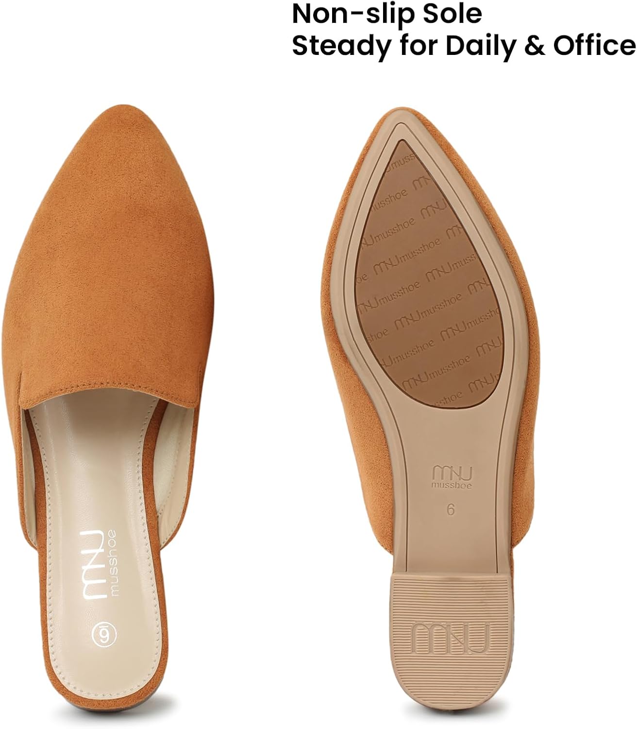 MUSSHOE Pointed Toe Mules for Women: Comfortable Slip On Flats with Soft Memory Foam - Non-Slip Lightweight Backless Loafers for Office Work & Business Casual - Image 6