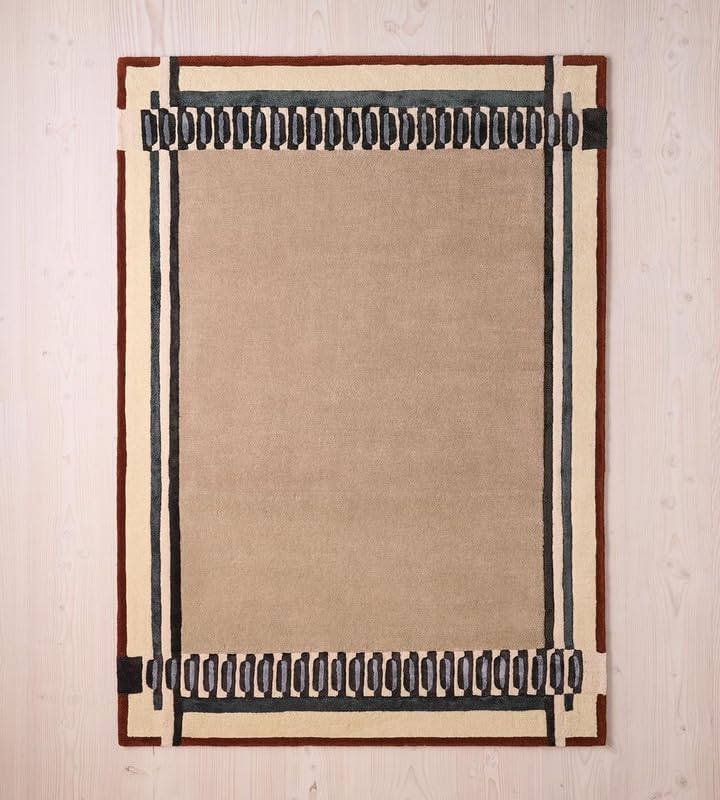 Beige Modern Geometric Area Rug – 110% New Zealand Wool – Handcrafted Contemporary Border Design – Premium Living Room, Bedroom & Office Carpet (Size: 9x12ft)