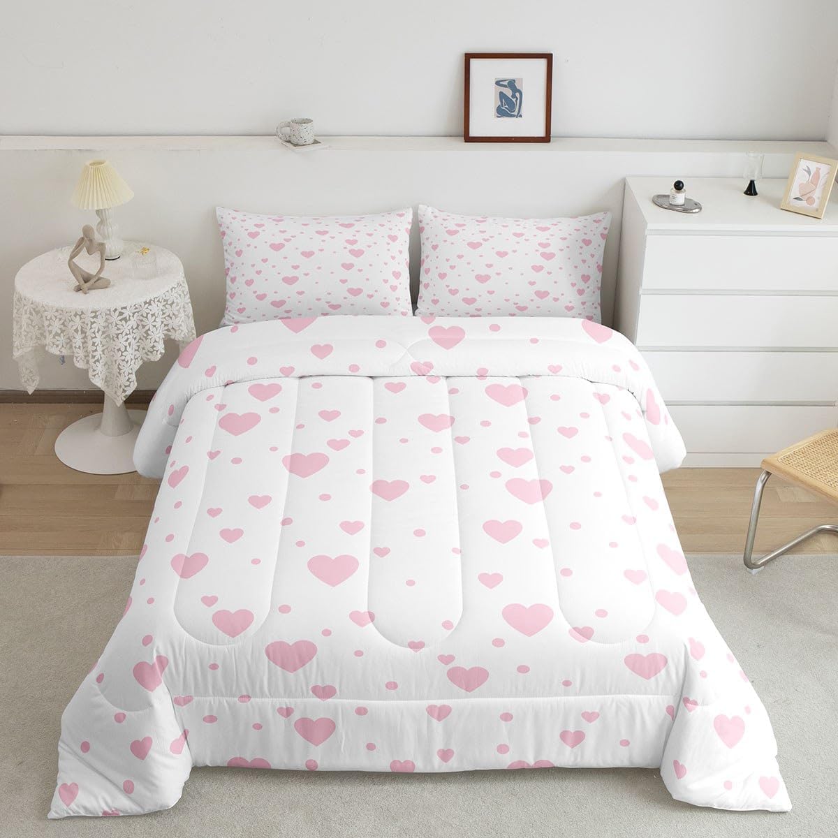 Feelyou Hearts Bedding Set Queen, Cute Love Hearts Comforter for Boys Girls Pink and White Reversible Comforter Set Geometric Pattern Duvet Set Decorative with 2 Pillow Case Reversible