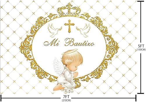 Miniatura 5 de Telón de fondo Mi Bautizo de 7 x 5 pies para bautizo, bautizo, Dios bendiga la primera comunión, fondo de fotografía, angel, cruz dorada, paloma de