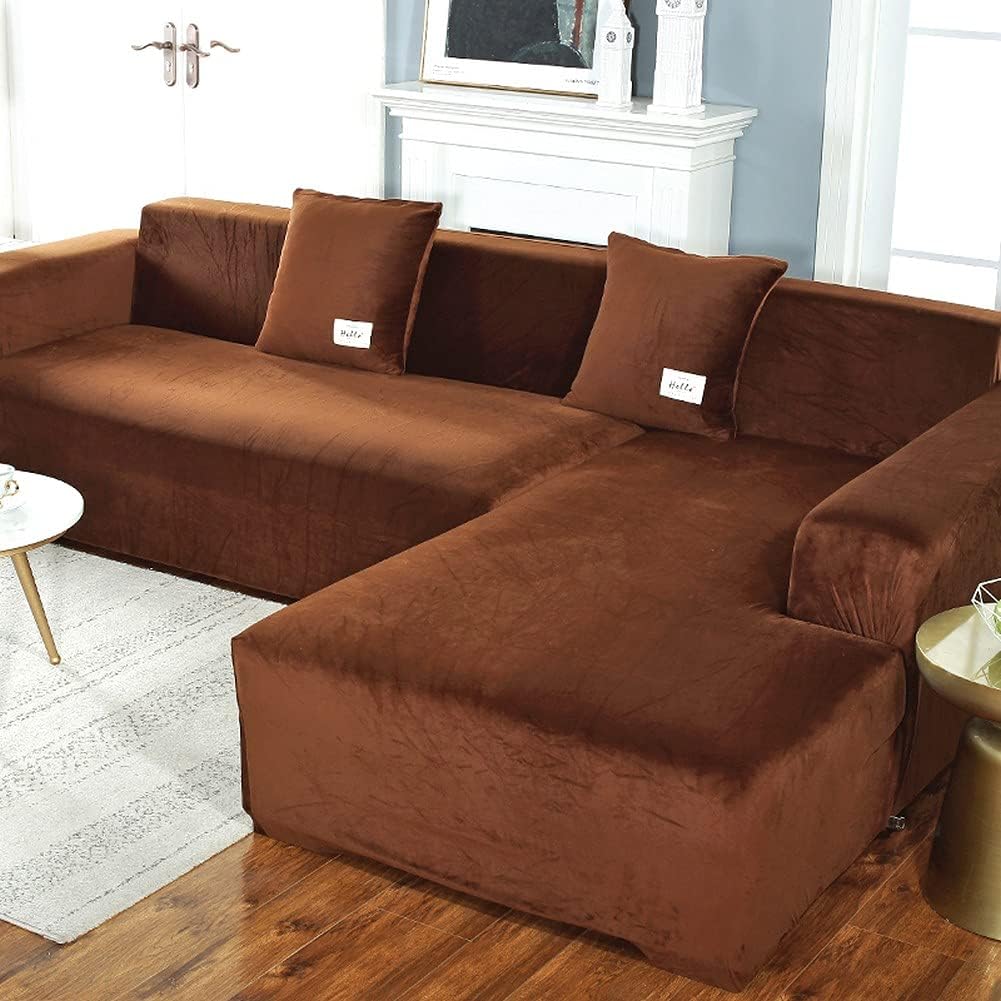 2pcs Stretch Velvet Sofa Cover L Shaped Sectional Sofa Slipcover Sectional Sofa Slipcover with Straps Luxury Thick Sofa Covers (Green Loveseats 145~185cm) (Brown 4+4 seaters)