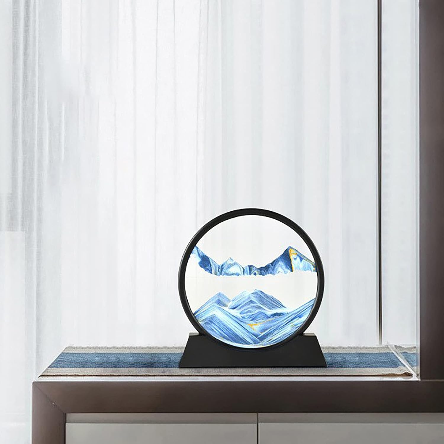 12 Inch Large Flowing 3D Natural Landscape Dynamic Art - Round Glass Deep Sea Sand Painting for Home Decoration, Blue