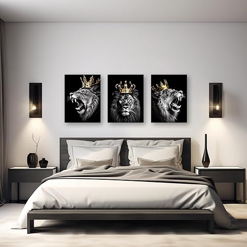 Miniatura 5 de DOARTDO Cuadro de león para decoración de pared, 3 paneles, lienzo de animales en blanco y negro, arte de pared, arte de león con corona, marco