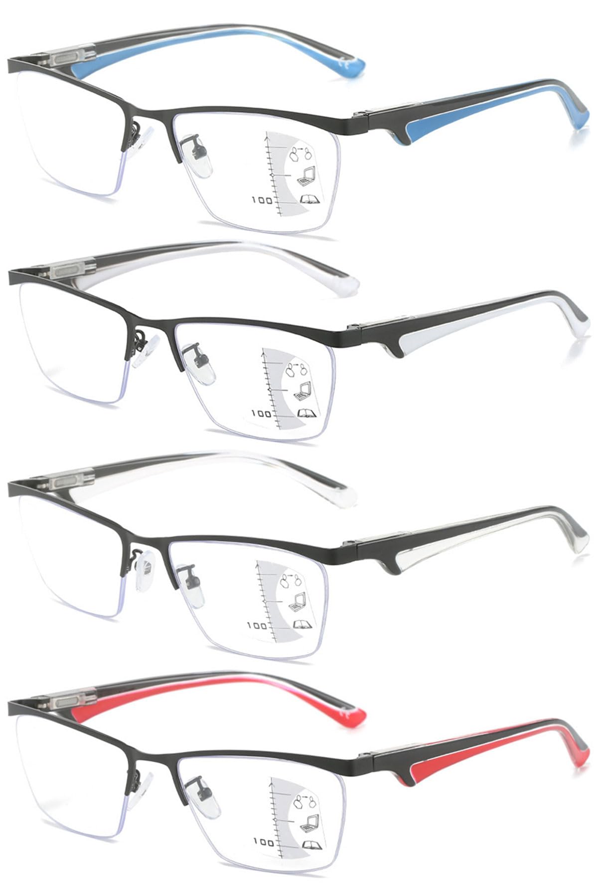 KOOSUFA Gleitsichtbrille Progressive Multifokus Lesebrille Herren Damen Metall Halbrand Anti-Blaulicht Lesebrillen Federscharnier Lesehilfe Arbeitsplatzbrille 1.0 1.5 2.0 2.5 3.0 3.5