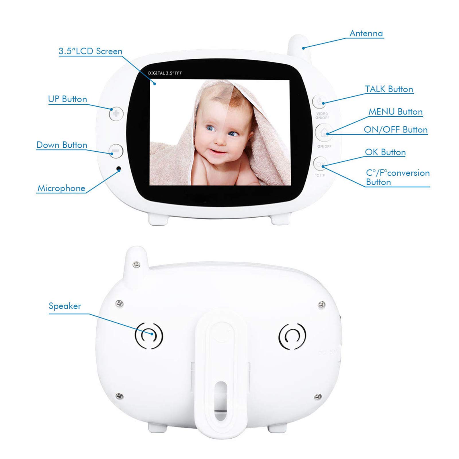 Moniteur Bébé LCD HD 3,5 Pouces Avec Interphone Vocal Bidirectionnel Vidéo Et Audio Détection Automatique De La Température De Vision Nocturne