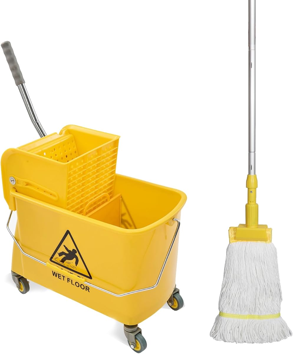 Mop Bucket with Wringer, 22 Qt (5.5 Gallon), Wheels,Floor Cleaning | 16.5"L x 10.6"W x 26.4"H, Yellow ,Add One Cotton Mop