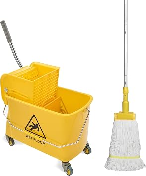 Midoneat Mop Bucket with Wringer, 22 Qt 5.5 Gallon, Handle, Wheels,Floor Cleaning, 16.5" L x 10.6" W x 26.4" H, Yellow,Add One Cotton Mop