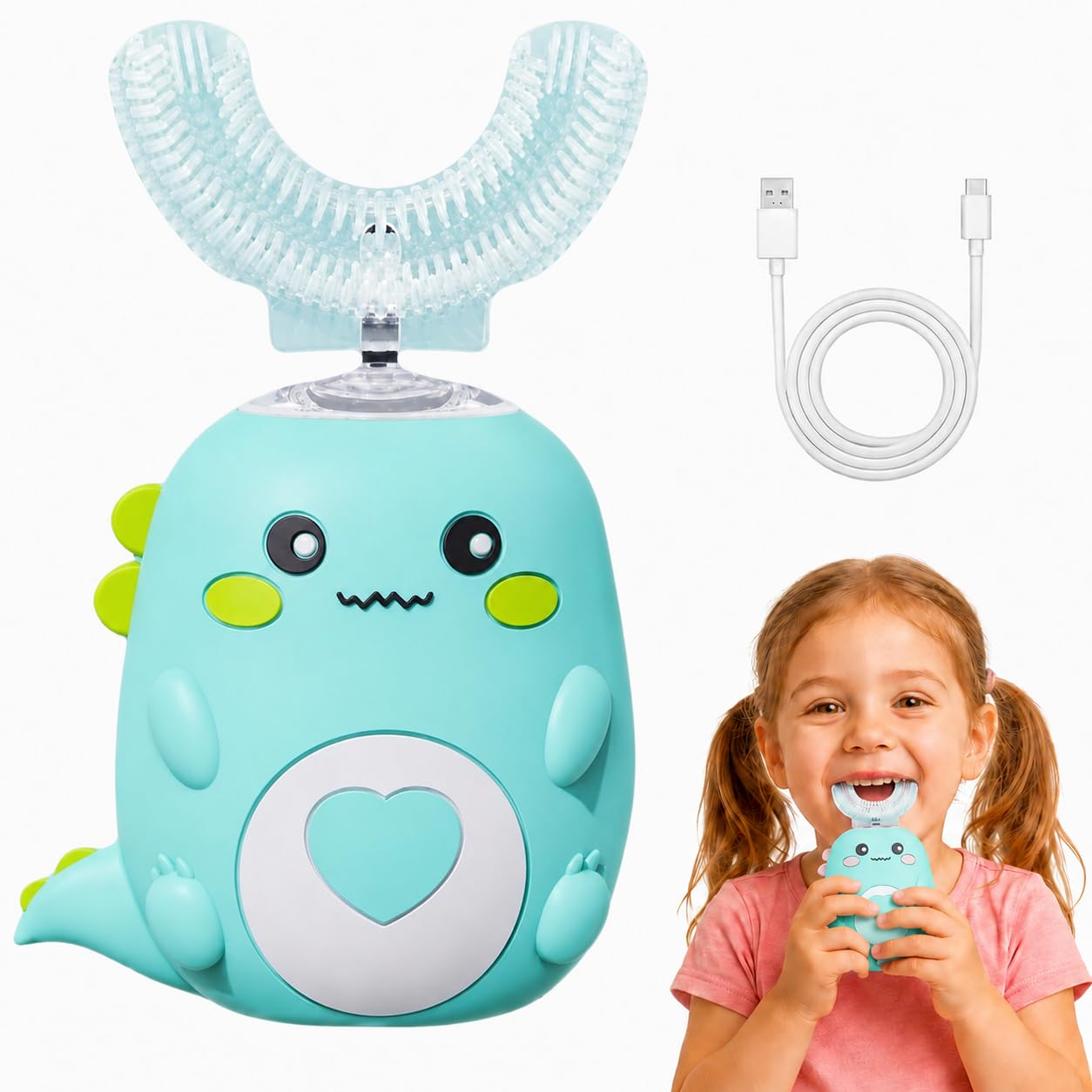 LoulouSmile DinoBrush Brosse À Dents Électrique Enfant Forme U Avec Poils Souples Pour Routine Quotidienne (Vert,7 À 12 Ans)