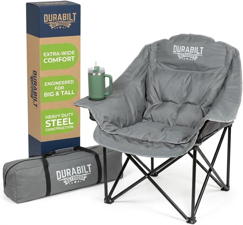 Oversized XL Heavy Duty Chair – Wide Folding Camp Chair for Adults, Portable for Sports, Baseball, Camping, Outdoor Adventures, 400lbs Support, Comfortable Padding & Head Rest, Cup Holder