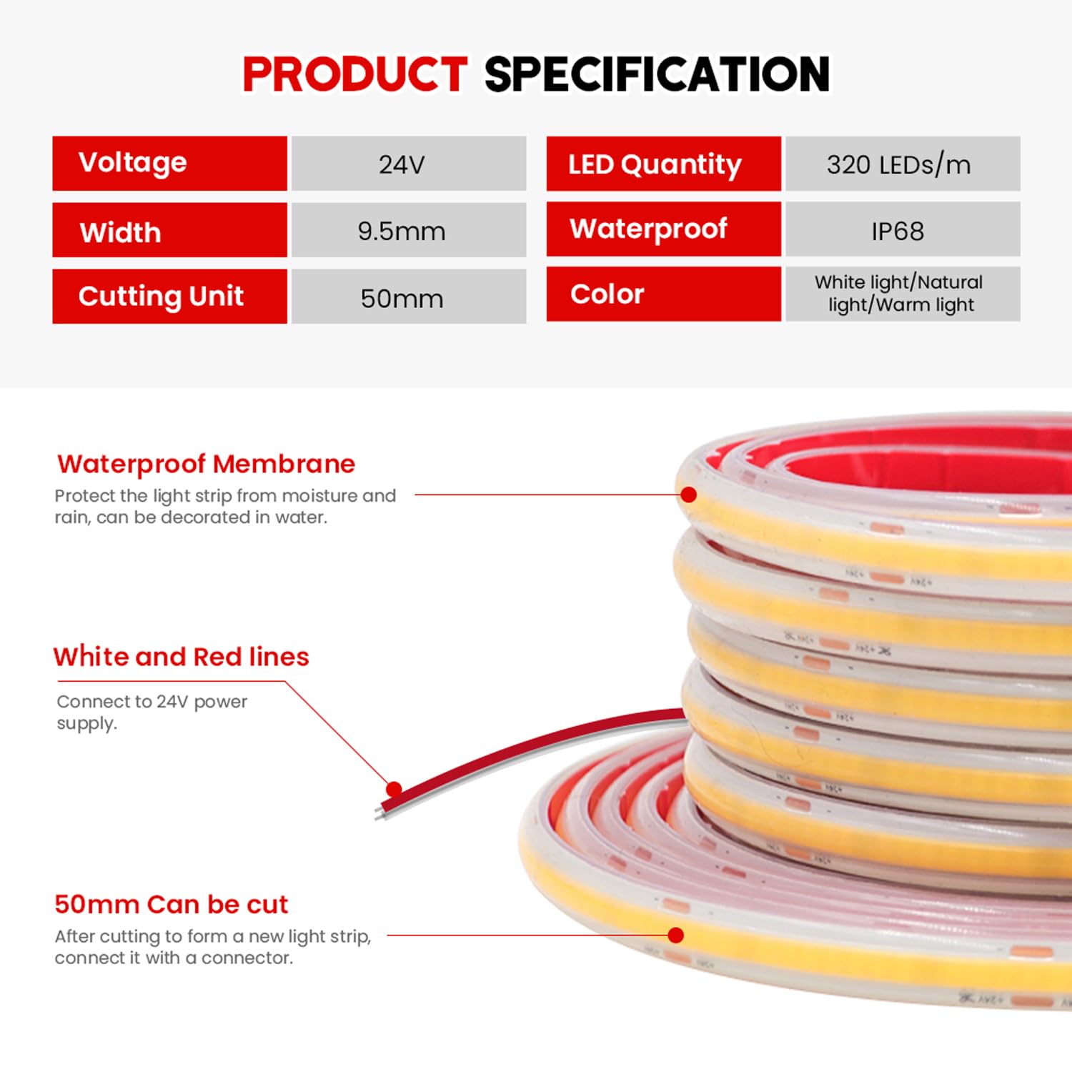 Tira LED COB 20m, 24V Tira de luz LED Impermeable IP68, 320LEDs/m Tira LED Blanca Cálida Flexible súper brillante,cadena de luces LED de 2 hilos para acuario(No incluye fuente de alimentación)