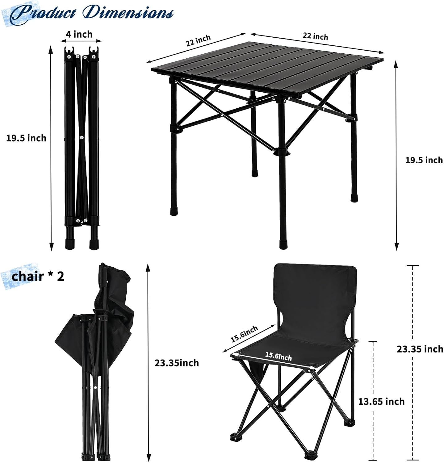 Camping Table Folding Portable Camp Table with 2 Chairs, Folding Picnic Table with Carry Bag Indoor Outdoor for Camping, Beach, Patio, RV, Backyard BBQ, Sturdy, Stable, Easy to Carry, Black