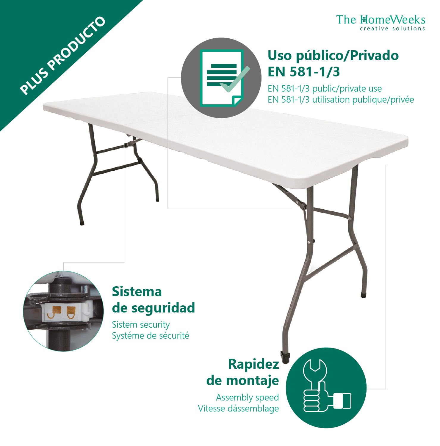 The Homeweeks Tavolo pieghevole Solid 152 cm portatile Normativa Uso pubblico Interno/Esterno (EN 581-1/3) Piano Resina HDPE 3,5 cm Capacità 6 persone e carico 150 kg. Multiuso.
