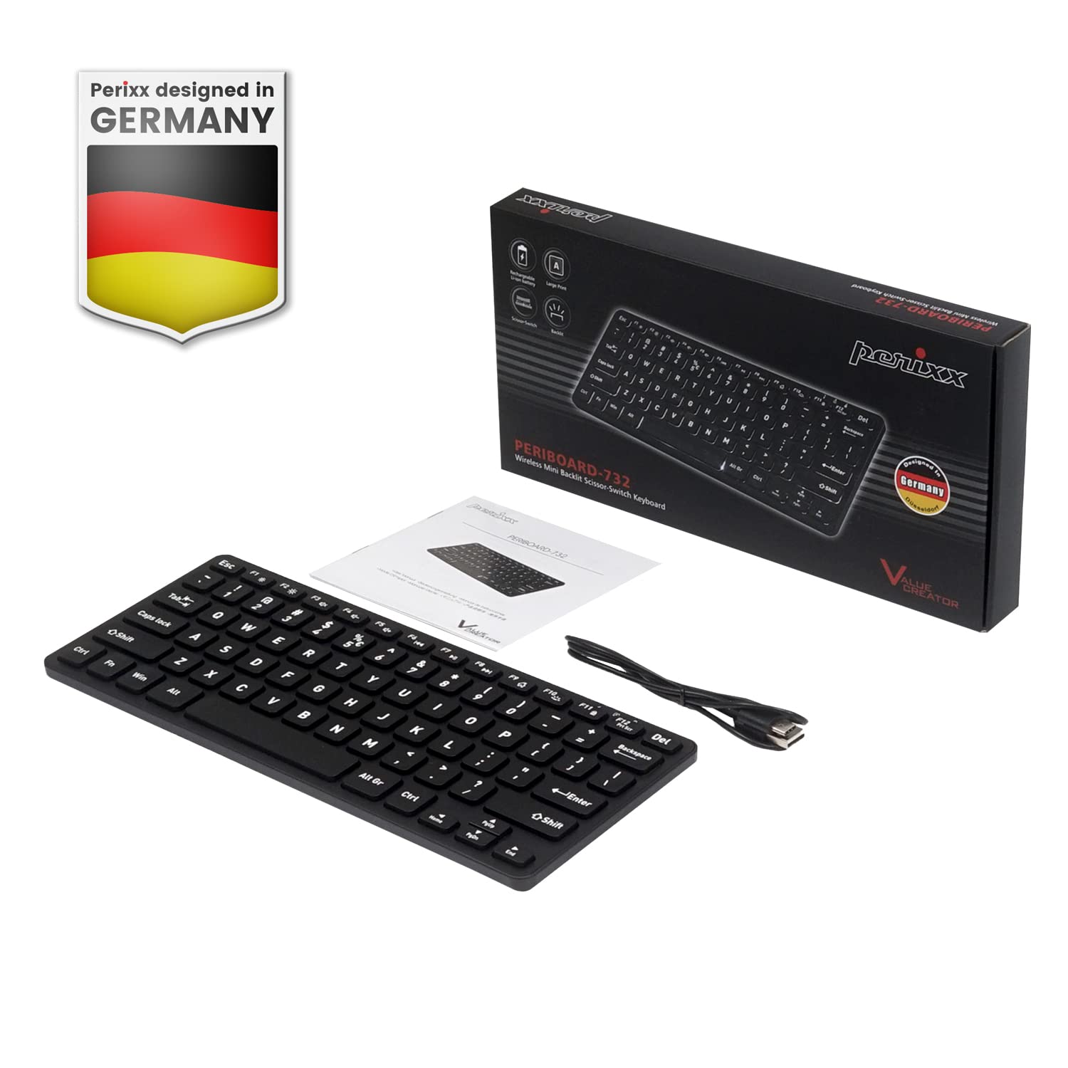 Perixx PERIBOARD-732B bezprzewodowa podświetlana mini klawiatura - akumulator - klawisze nożycowe typu X - białe podświetlenie - włoski układ
