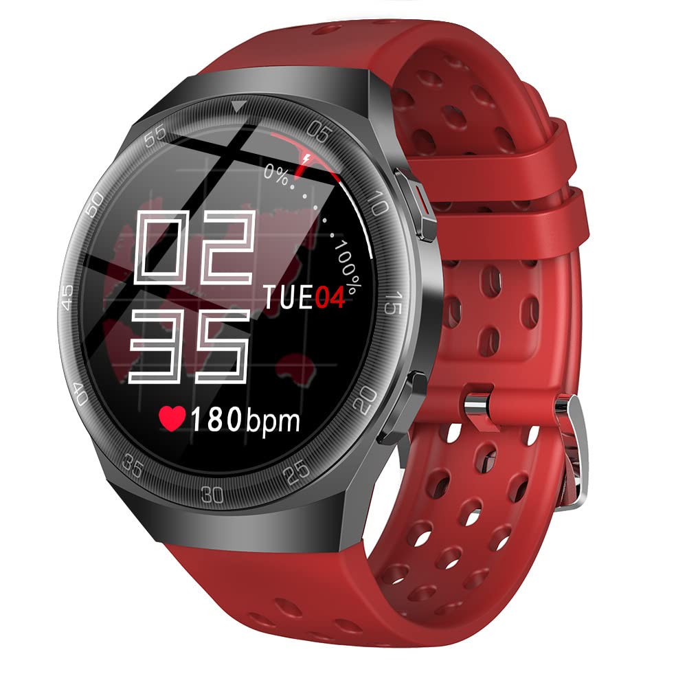 MT3 Smartwatch, HD touch screen, 1.3inch, (iOS_Android), APP Control, IP68 waterproof, Play Music, 8GB Memory, Sport Mode, Fitness Tracker, for Woman and Men (Red)