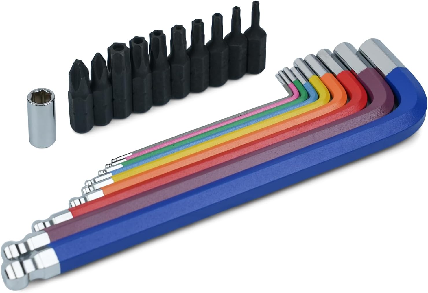 20-Piece Rainbow Ball End Hex Key Set, 9PC Color-Coded Allen Wrenches 1.5-10mm & 10PC S2 Manganese Phosphate Bits (T8-T40, PH1-PH2) with Adapter, Bit Holder & Storage Case, CR-V Steel