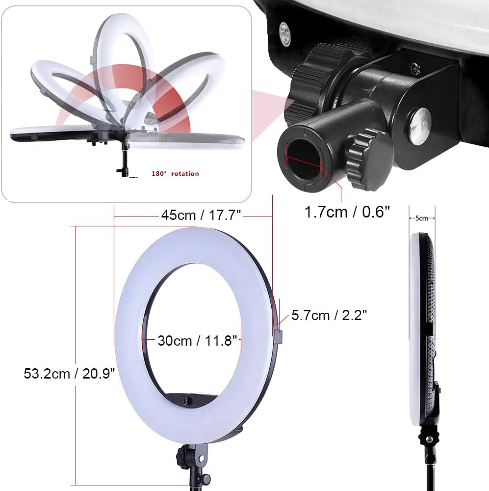 Luce ad anello a LED da 18", 48 W, dimmerabile, con telecomando e controllo app, temperatura di colore 2800 K-9990 K, RGB+W CRI≥95A, per streaming live, trucco, fotografia, produzione video (senza