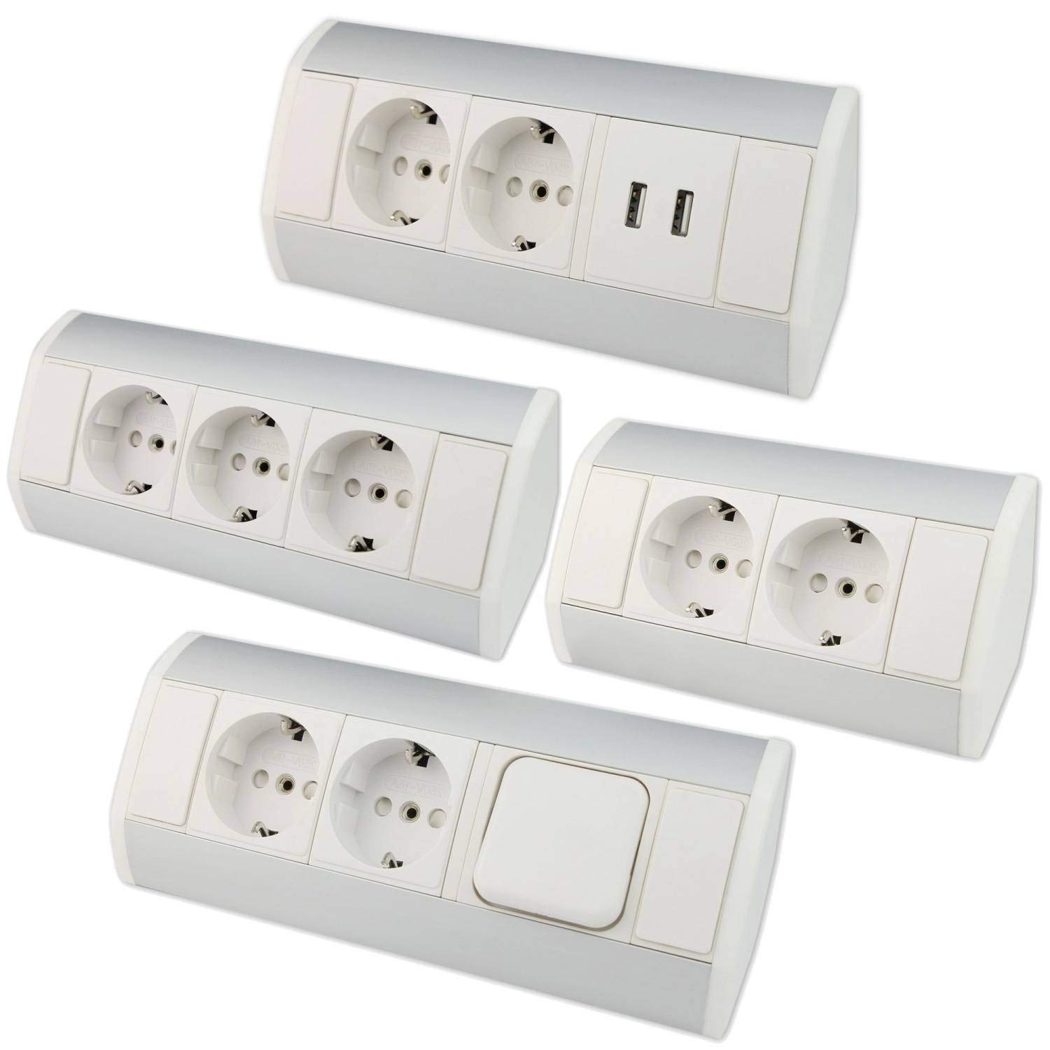 Möbel-Steckdose weiß mit 2x Schuko + 2x USB - hochwertige Ecksteckdose aus Aluminium ideal für Arbeitsplatte, Tischsteckdose oder Unterbausteckdose Steckdosenelement