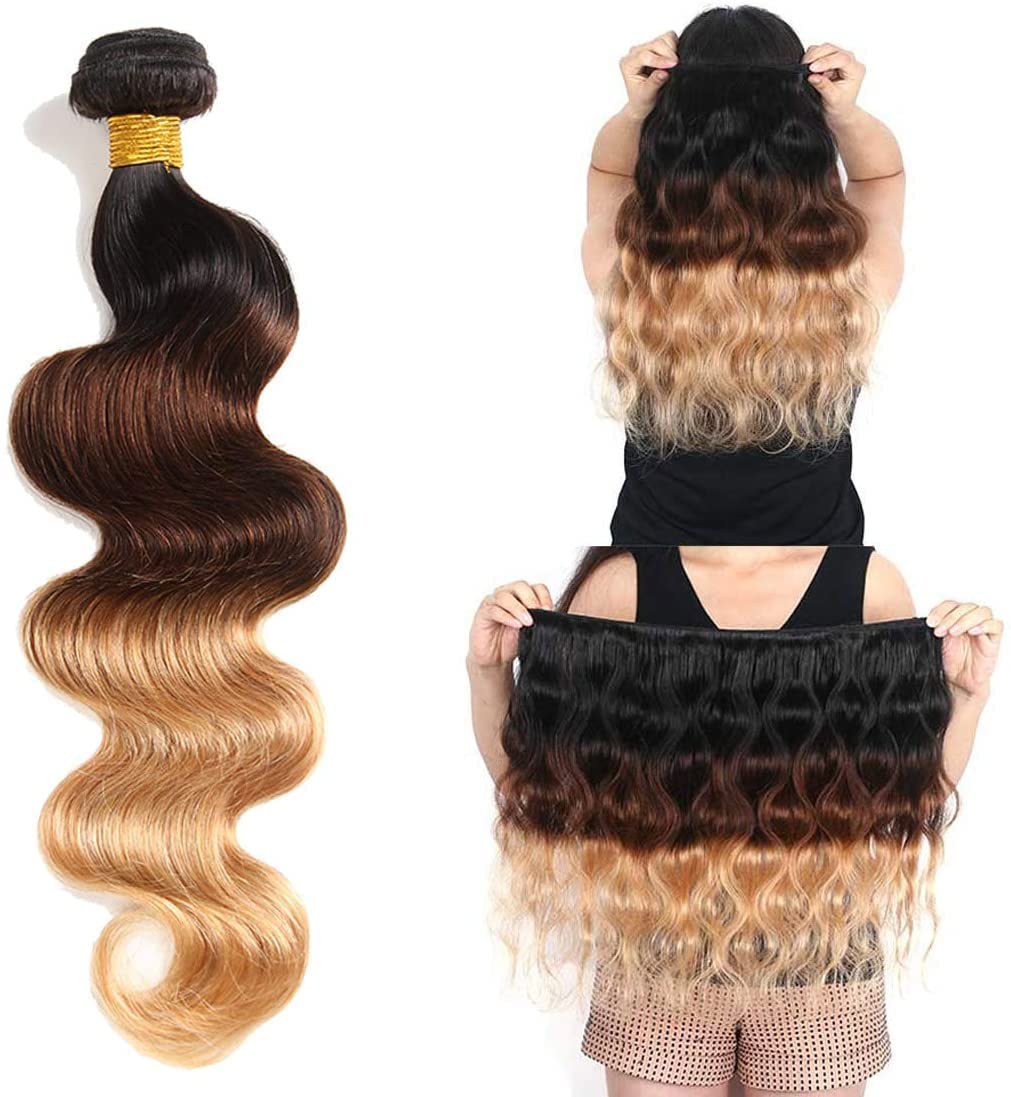 Ombre Echthaarbündel Brasilianisches Haar Körperwelle (T1B/4/27,22 24 26+20) - 3 Bündel Mit Verschluss, Jungfrau Remy Haarbündel 3 Ton Schwarz Bis Blond Echthaar Webart