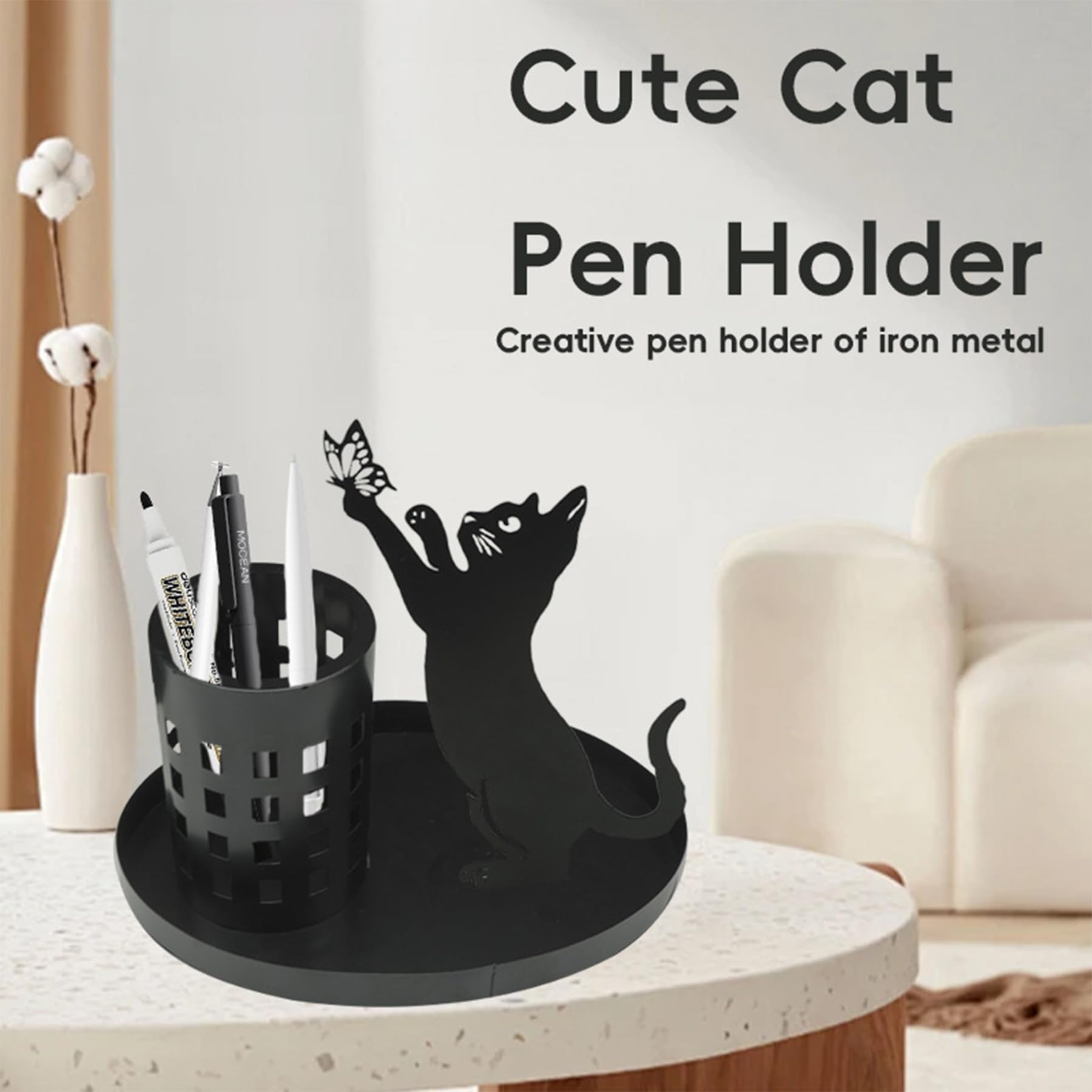 Wasise Cat Pen Holder - Desk Pet Accessories, Cute Desk Pen Holder with Butterfly, Cat Office Accessories, Aesthetics Cats Pencil Holder, Goth Desks Accessory Small Desks Pet Accessory for Home Office - Image 4