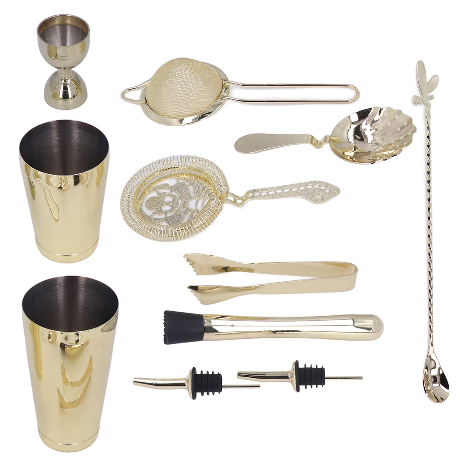 Nikou Juego de 11 coctelera de acero inoxidable, herramienta de mezcla de cóctel de bar para el hogar, acabado dorado, incluye agitador, colador, medidor y más