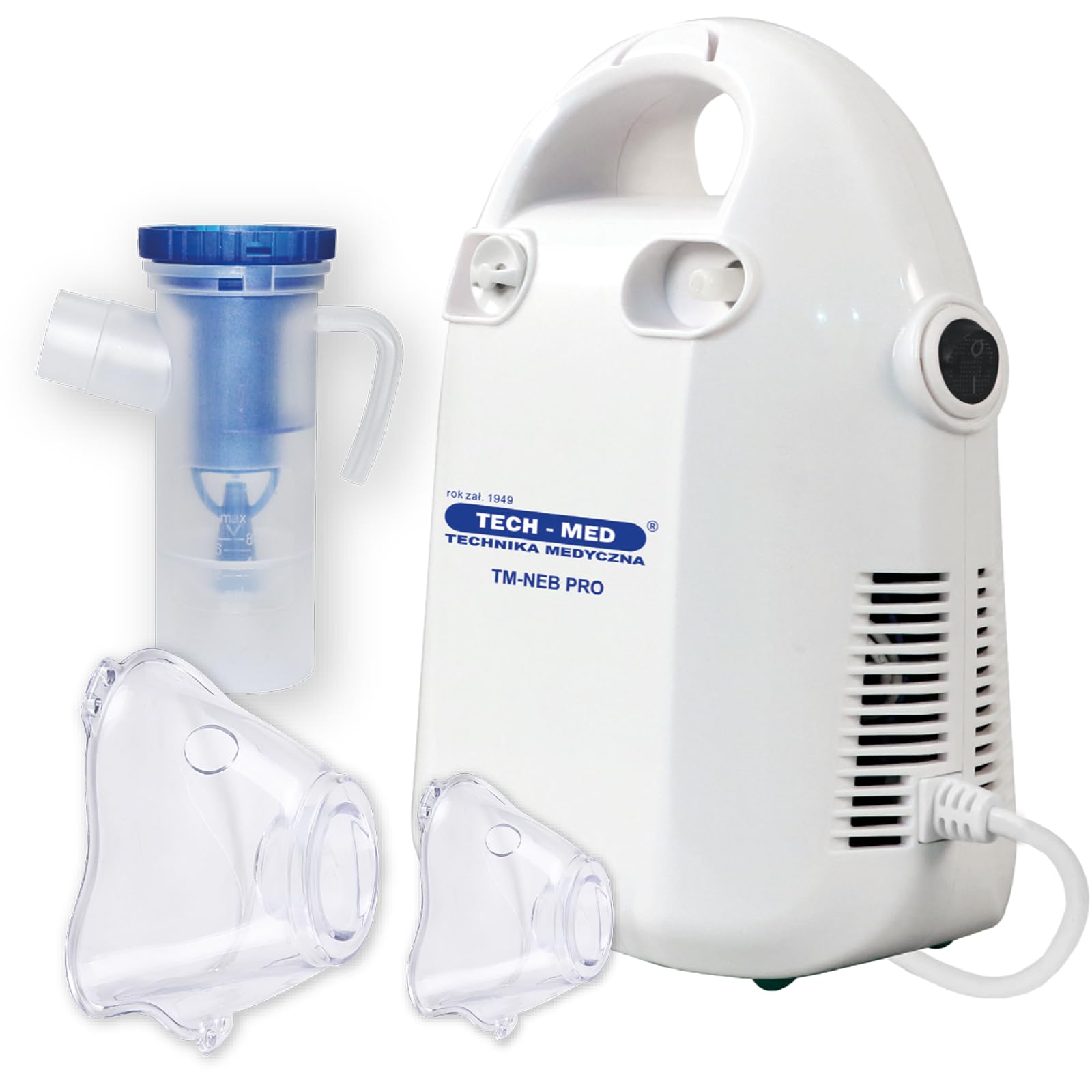 TECH-MED Medizinische Technik Kompressor Inhalator TM-NEB PRO Vernebler Medizinische Atemwegstherapie mit Masken-Set für Erwachsene und Kinder