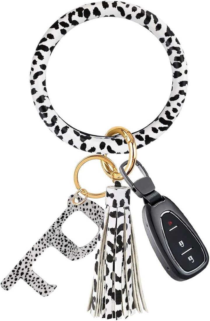 Leather Bracelet Key Ring Bangle Keyring, Tassel Ring Circle Key Ring Keychain Wristlet with No Touch Key Door Opener–