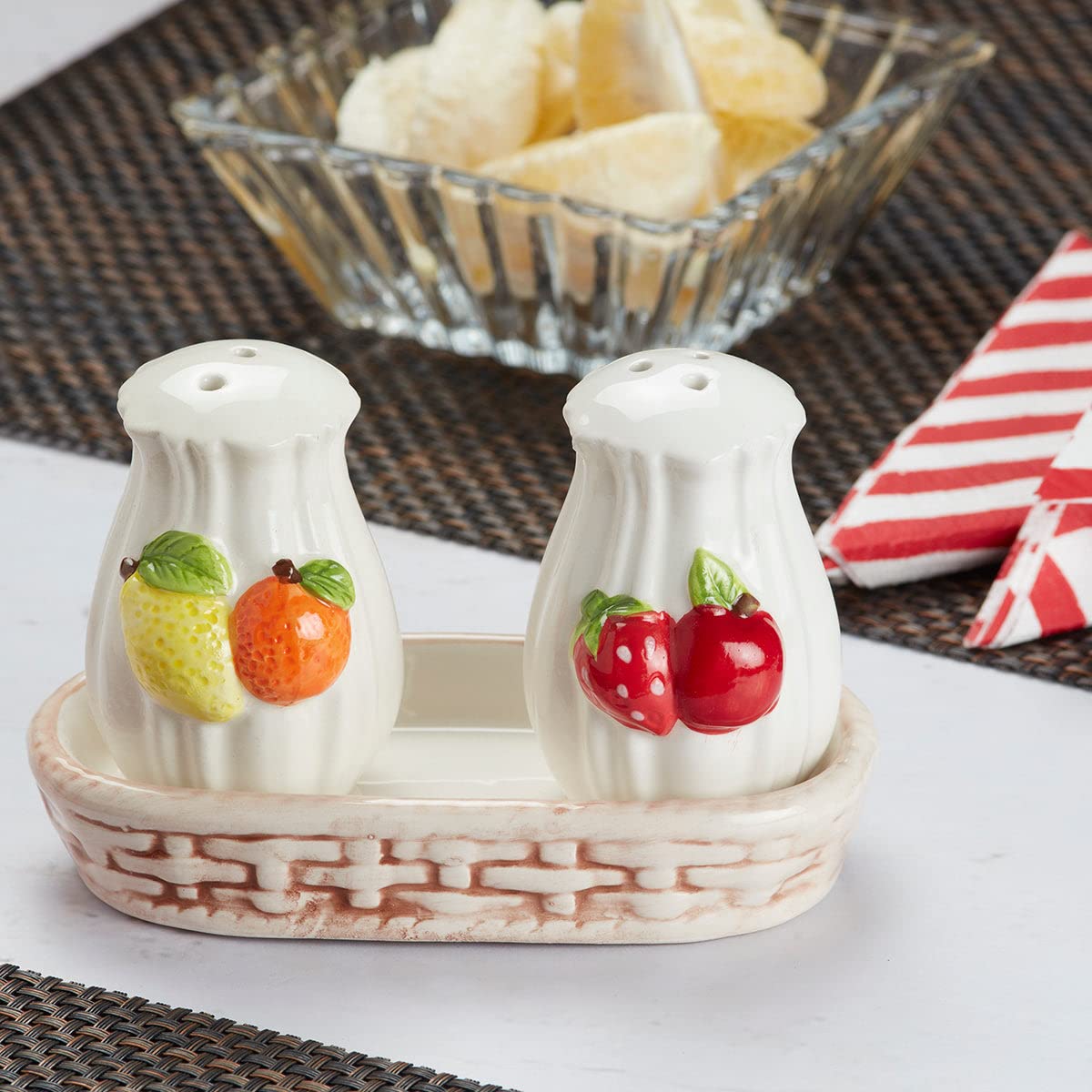 Kookee Ceramic Salt and Pepper Set with Tray for Dining Table Used as Shaker, Sprinkler, Spices Dispenser for Home, Kitchen and Restaurant, Fruits, White (8531)