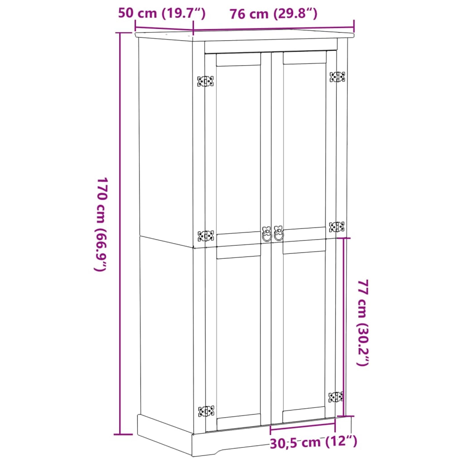 Gecheer Garde-Robe Corona 76x50x170 cm Bois de pin Massif, Armoire de Rangement avec Compartiment avec Rail de Suspension et 2 Portes, Armoire Penderie pour Chambre à Coucher, Salon, Bureau