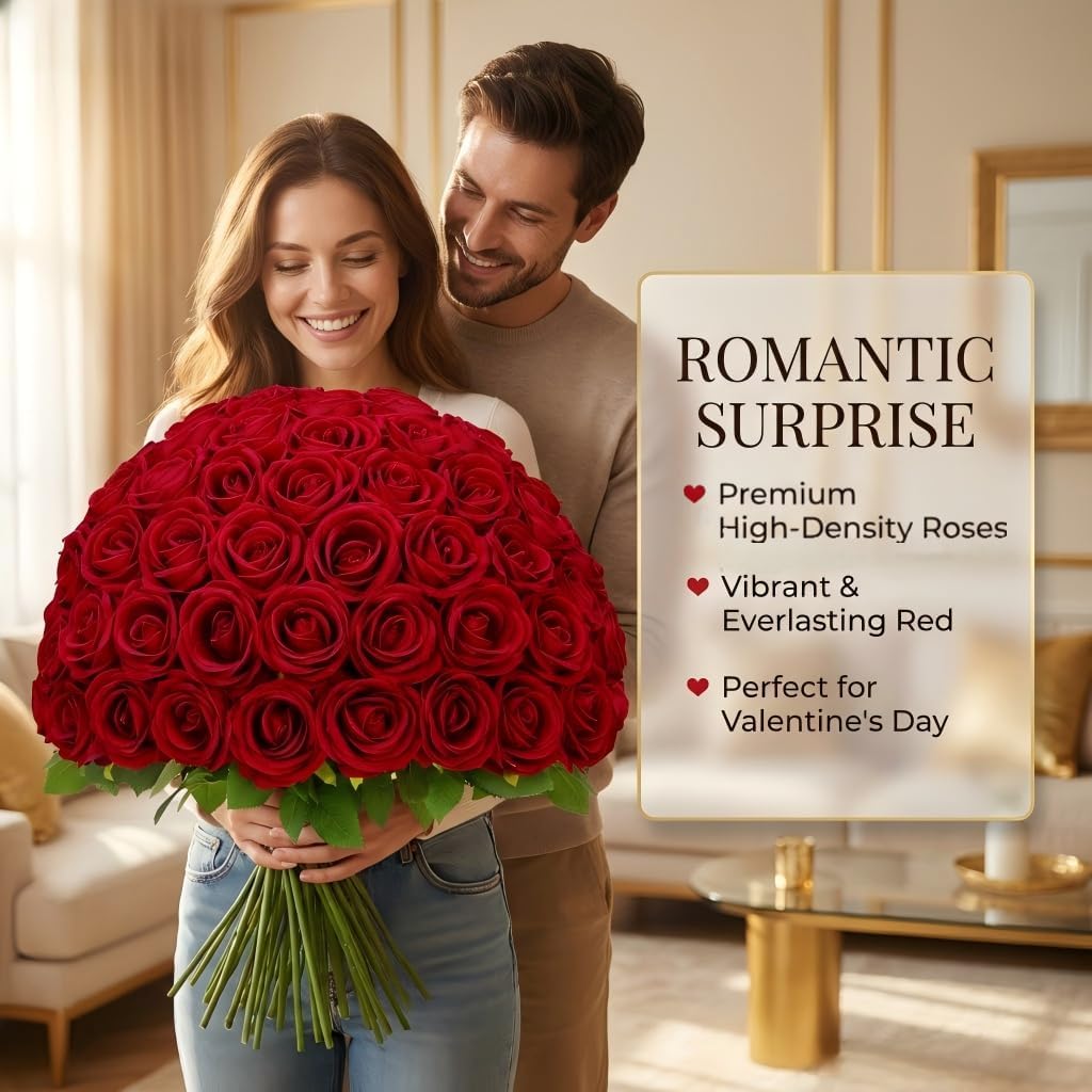 Waipfaru Red Roses Artificial Flowers Bulk, Real Touch Velvet Roses with Wrapping Paper, 50 Pcs Fake Flowers for Wedding Centerpieces Bridal Bouquet Valentines Mothers Day Decor - Image 2