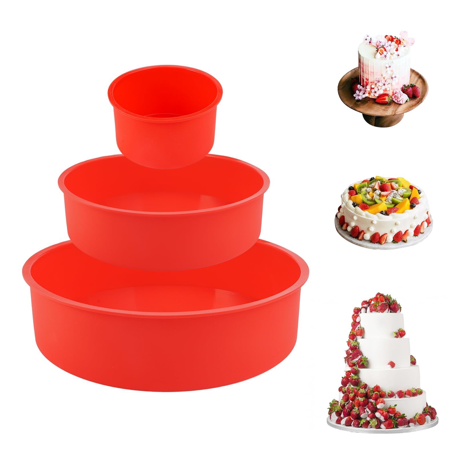 HIKPACKER 3 Pieces Silicone Cake Mould Cake Tins for Baking 4/6/8 Inch Round Cake Tins Non-Stick Silicone Baking Trays Quick Release Bread Tin Baking Tins for Cheesecake Muffins Puddings Bread, Red