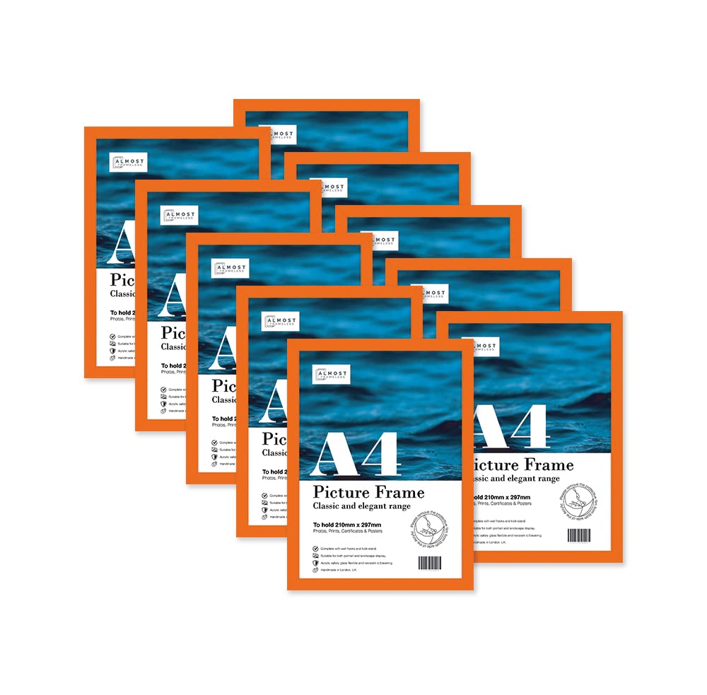 Almost Frameless A4 Orange Picture Frame Set of 10, Display A4 Picture Gallery Wall, Poster, Photo, Artwork, or Print, Orange