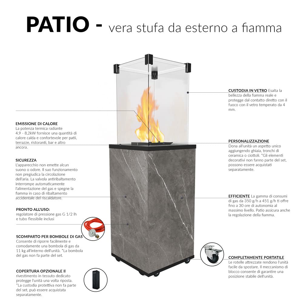 KRATKI Stufa da terrazza a gas PATIO MINI 1366 x 427 mm giardini esterno in | Caminetto a gas PATIO MINI; Caminetto da esterno in acciaio; Caminetto da esterno con telecomando; Stufa a gas ideale per